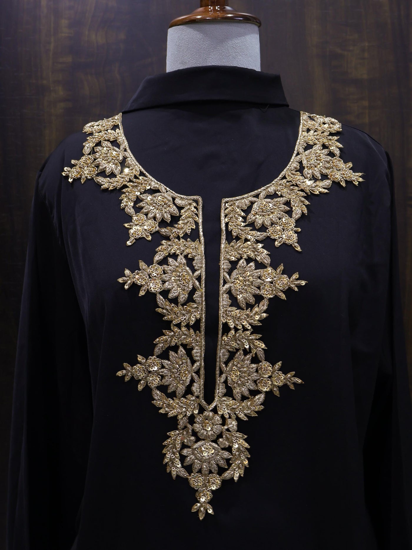 Zardozi Neckline Patch: Bronze Gold Bullion Embroidery, Floral Neckline with Sleeves