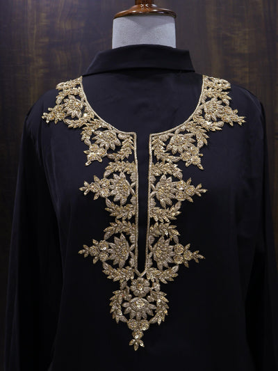 Zardozi Neckline Patch: Bronze Gold Bullion Embroidery, Floral Neckline with Sleeves