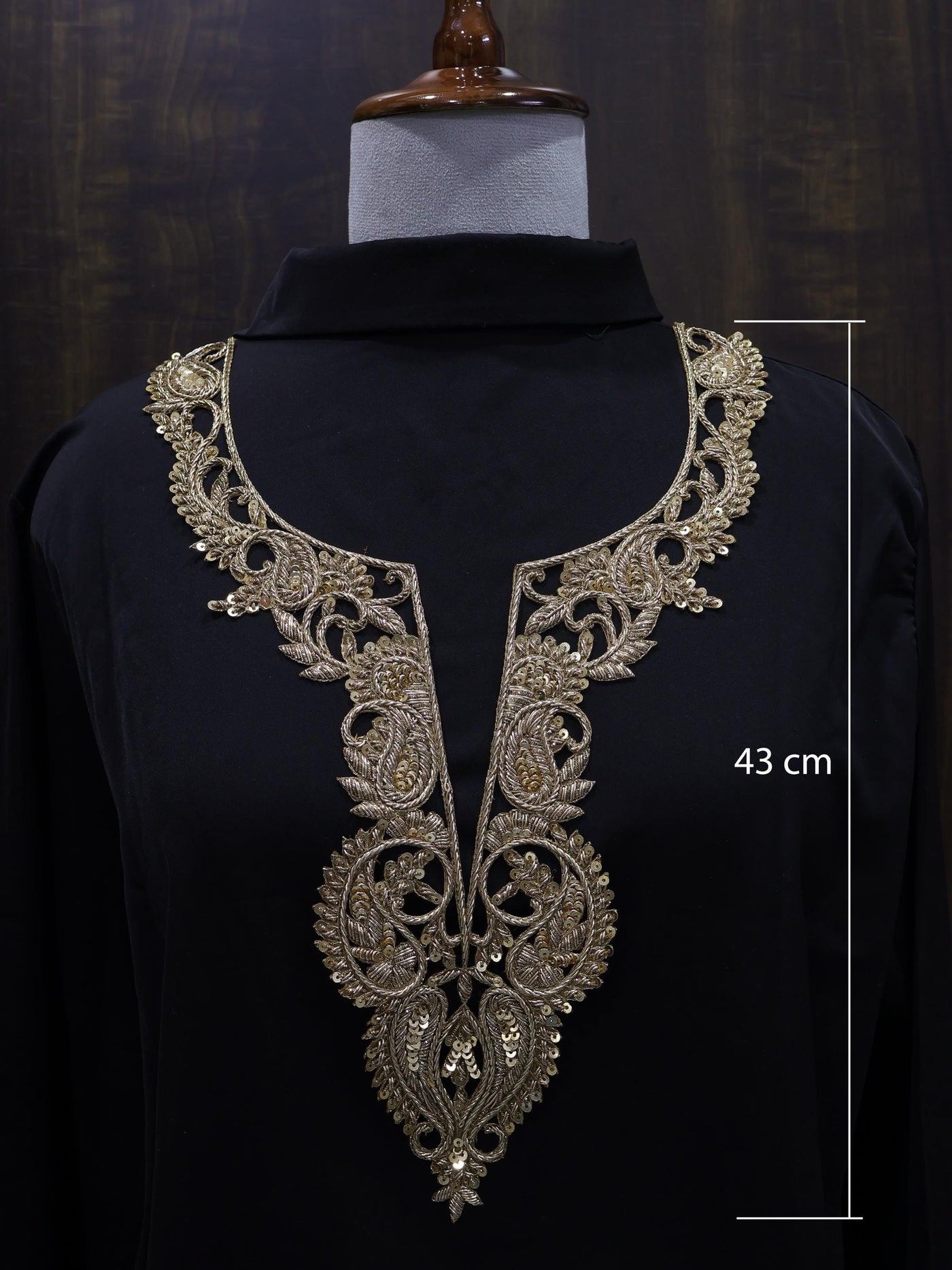 Zardozi Bullion Embroidered Neckline Patch with Sleeves: Bronze Gold Leaf Applique