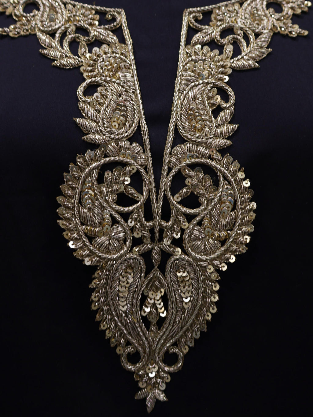 Zardozi Bullion Embroidered Neckline Patch with Sleeves: Bronze Gold Leaf Applique