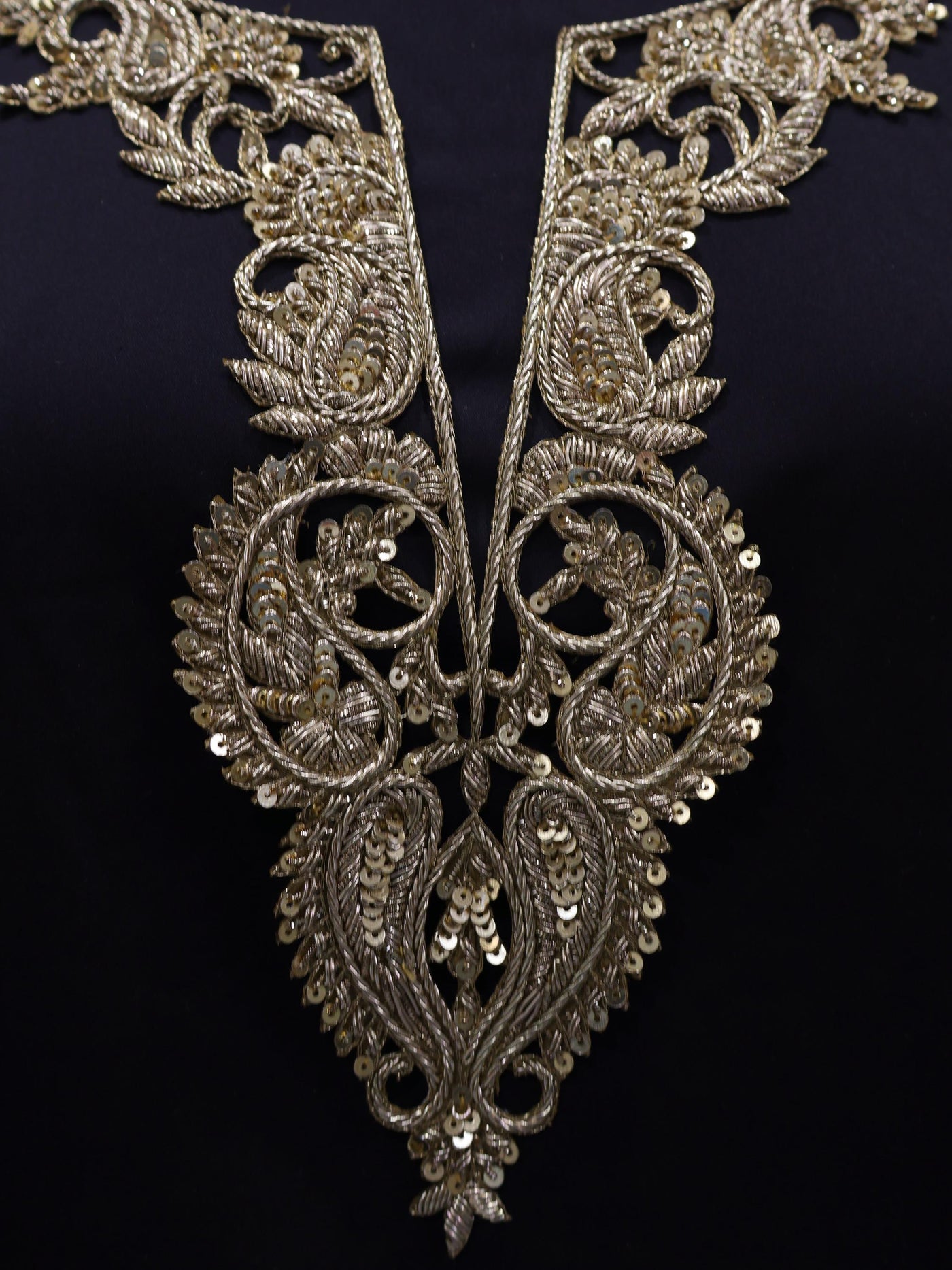 Zardozi Bullion Embroidered Neckline Patch with Sleeves: Bronze Gold Leaf Applique