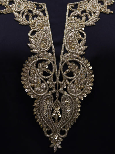 Zardozi Bullion Embroidered Neckline Patch with Sleeves: Bronze Gold Leaf Applique