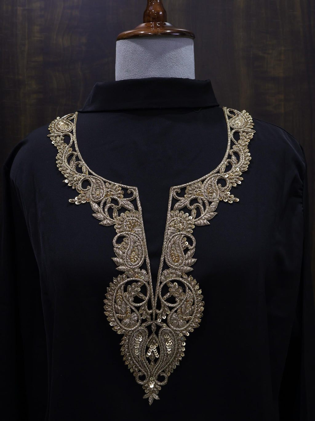 Zardozi Bullion Embroidered Neckline Patch with Sleeves: Bronze Gold Leaf Applique