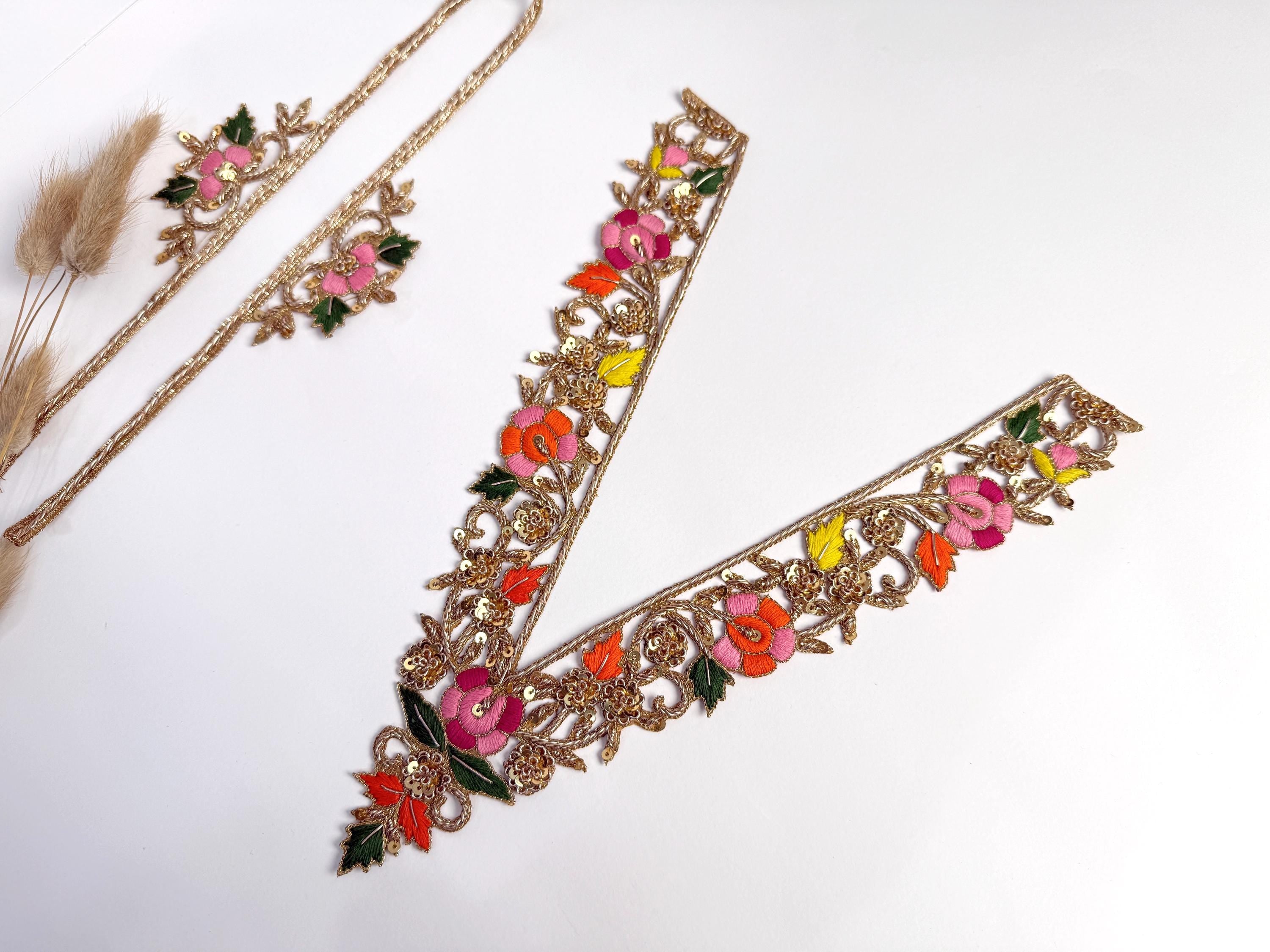 Embroidered Neckline Patch with Sleeves: Antique Gold Indian Applique