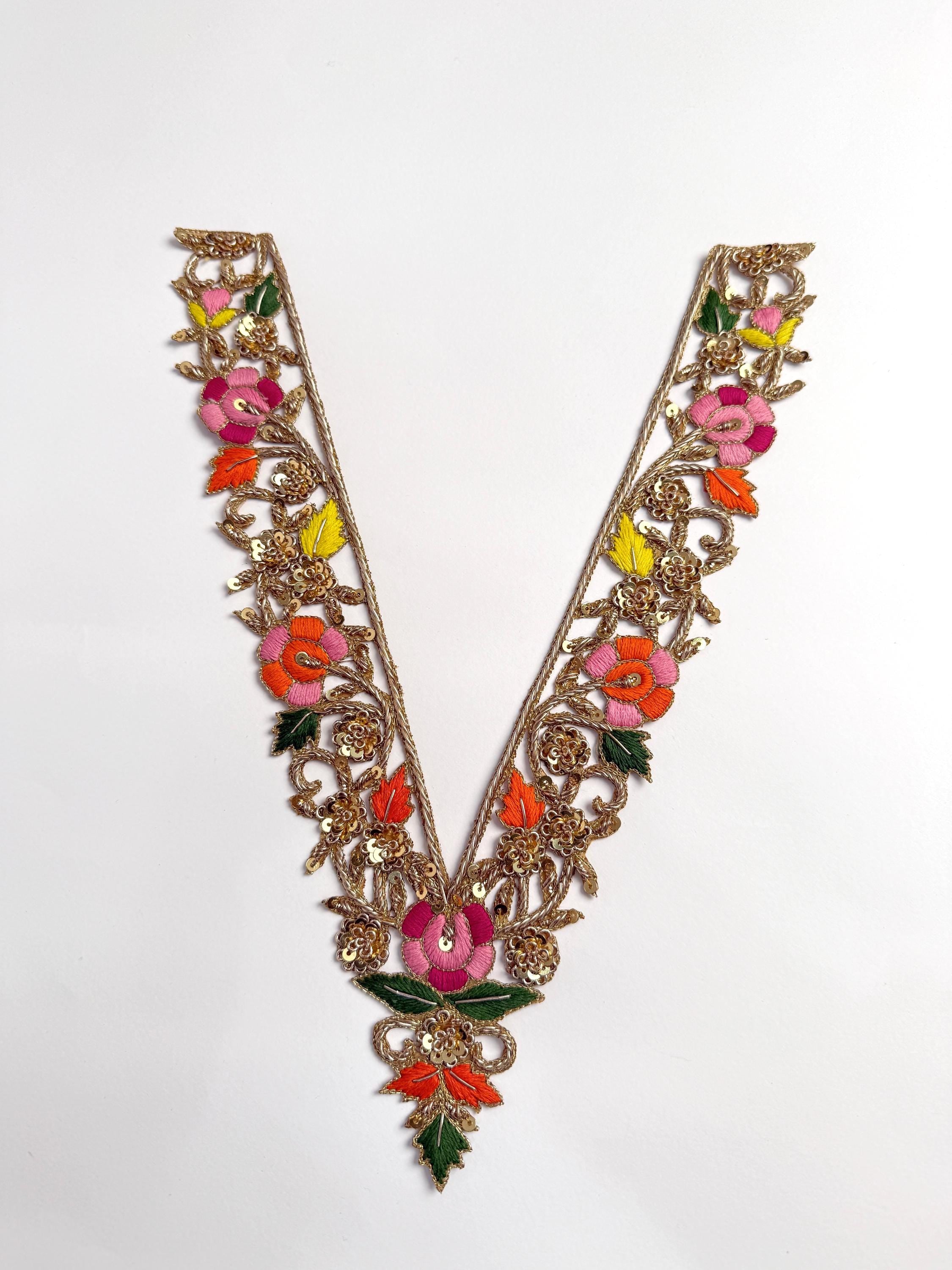 Embroidered Neckline Patch with Sleeves: Antique Gold Indian Applique