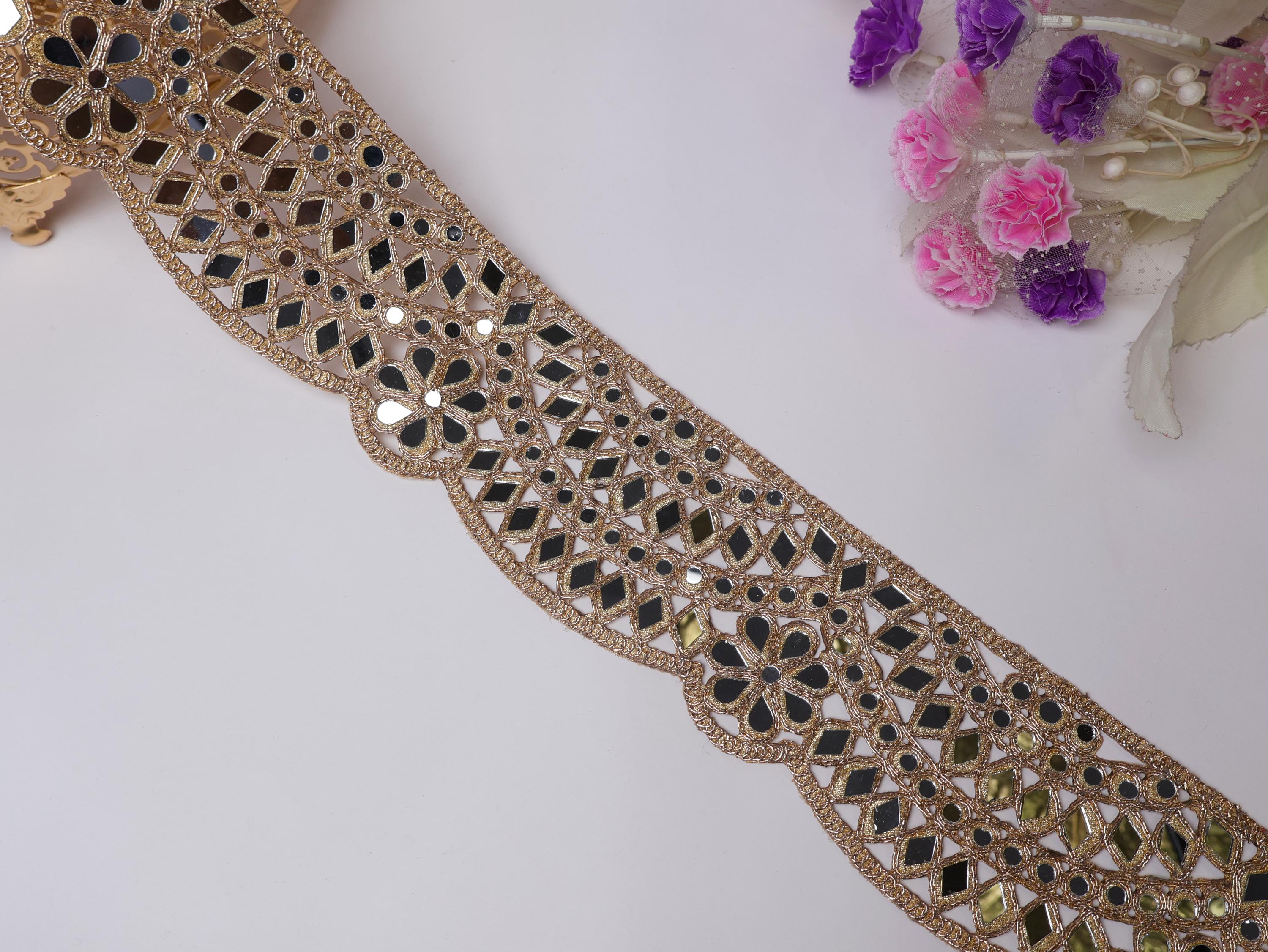 Rose Gold Mirror Lace Trim: Scalloped Indian Border, 8cm Wide