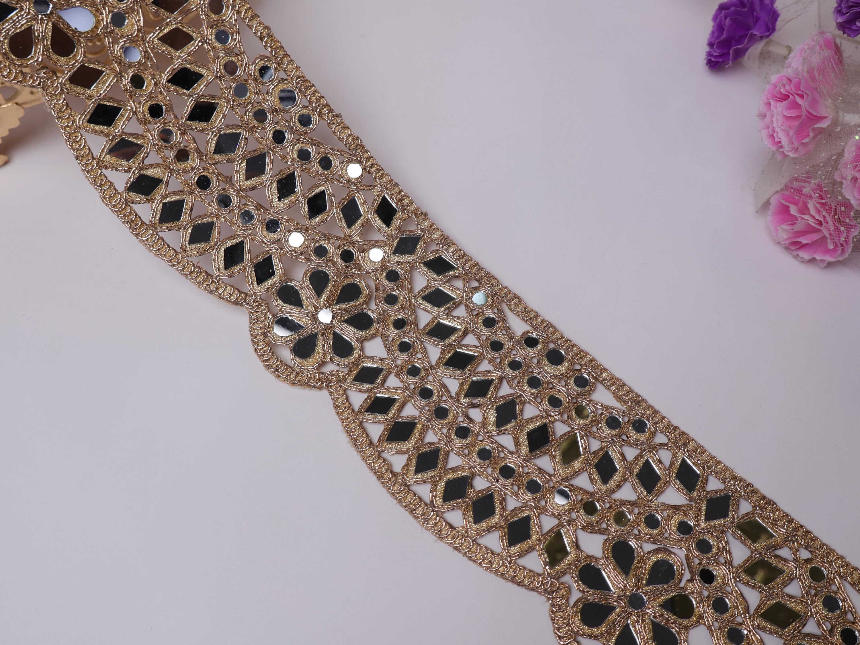 Rose Gold Mirror Lace Trim: Scalloped Indian Border, 8cm Wide