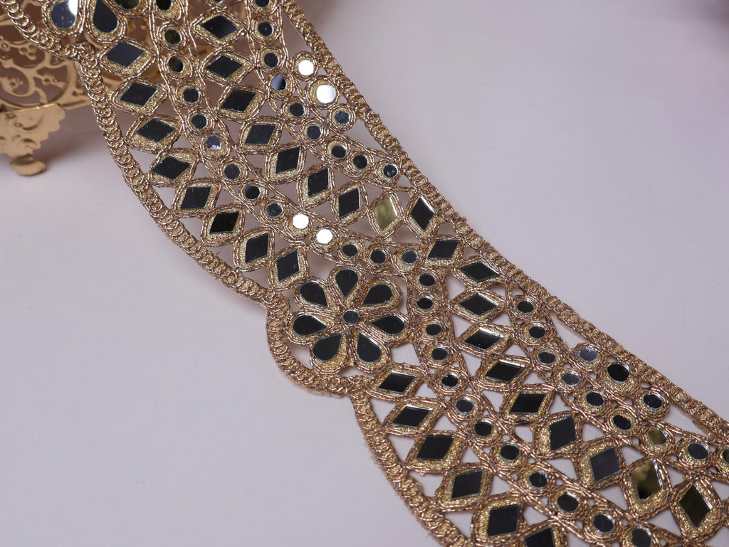 Rose Gold Mirror Lace Trim: Scalloped Indian Border, 8cm Wide
