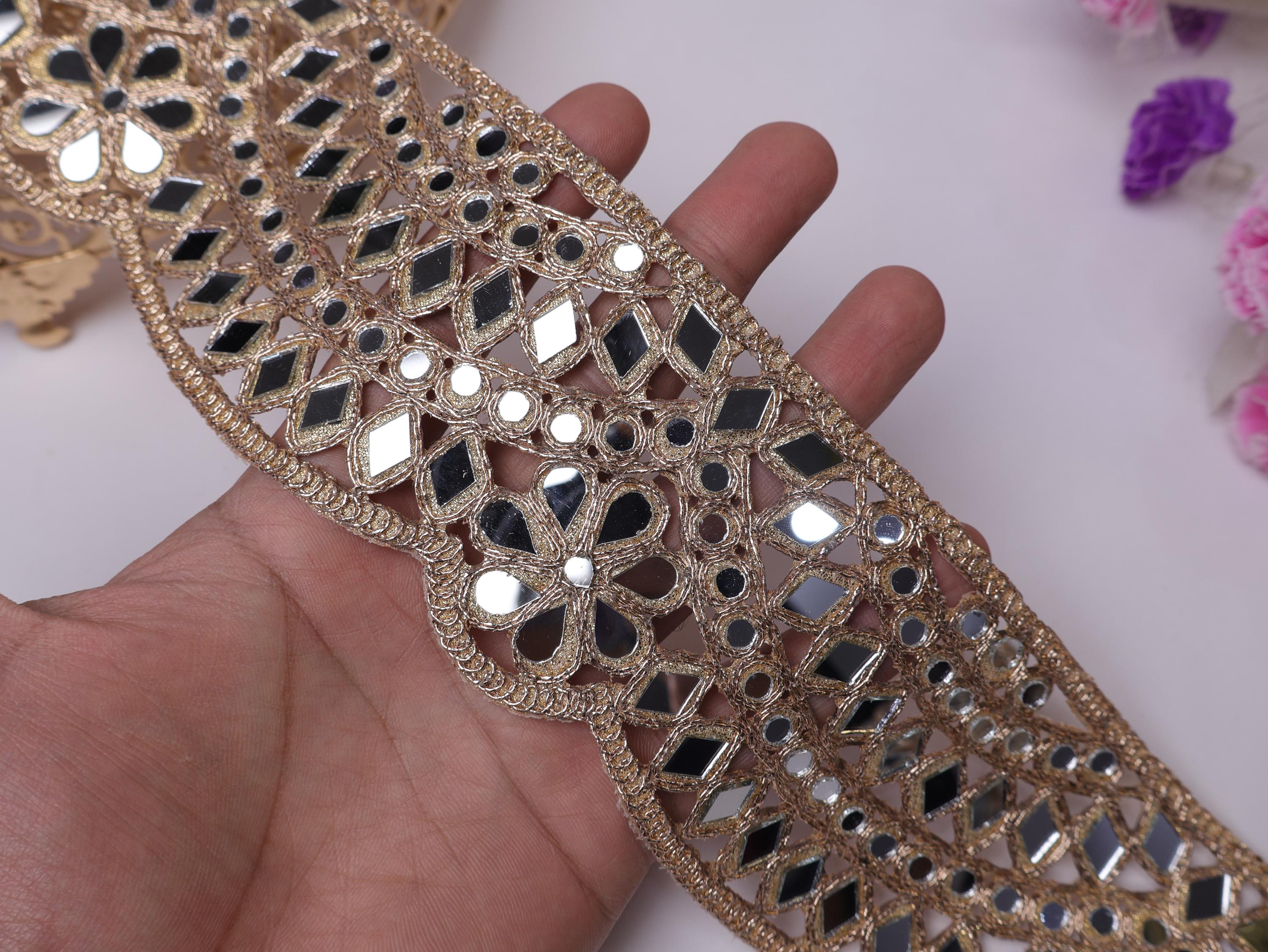 Rose Gold Mirror Lace Trim: Scalloped Indian Border, 8cm Wide