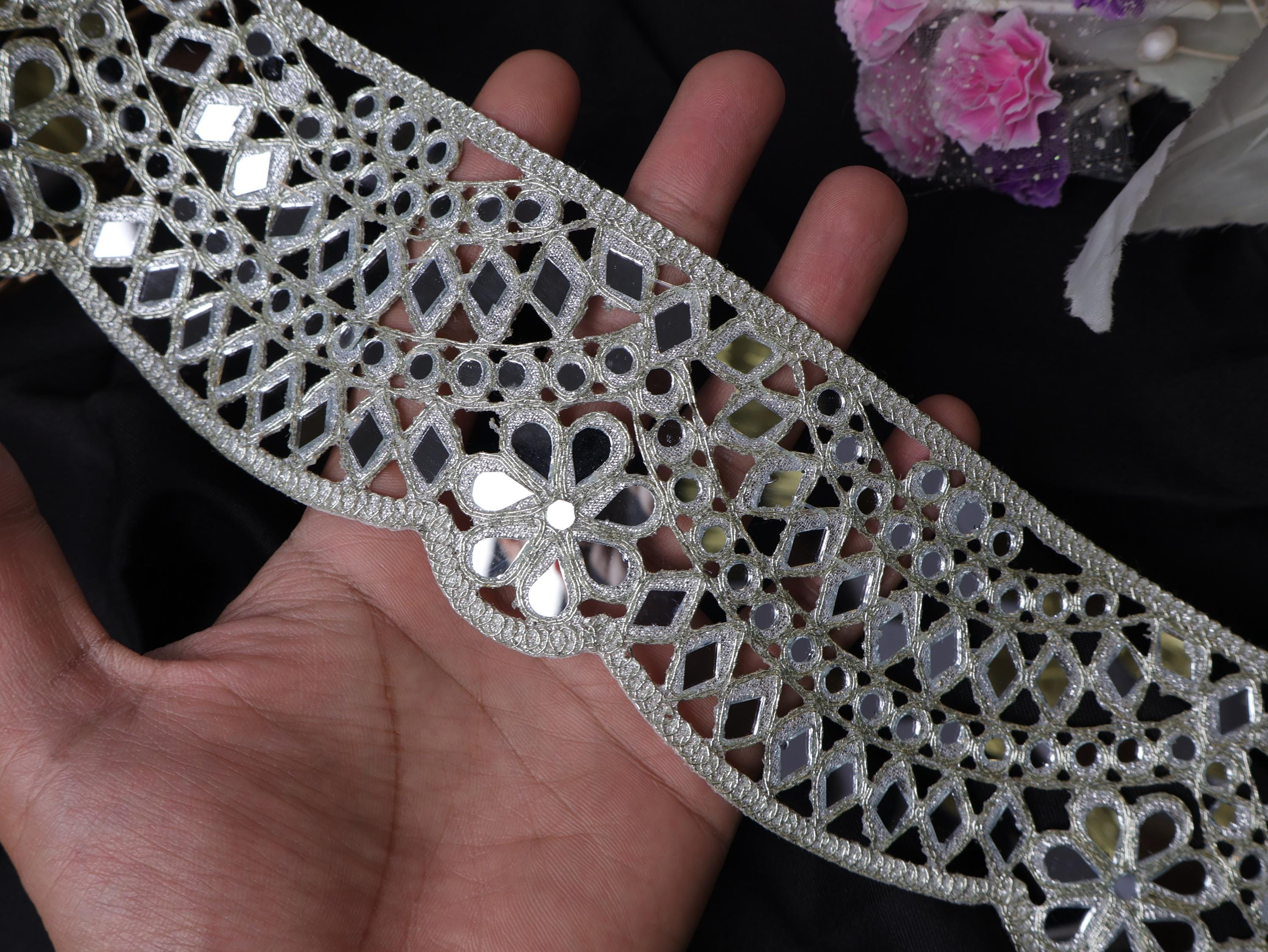 Metallic Silver Mirror Trim: Scalloped Indian Lace Border, 8cm Wide