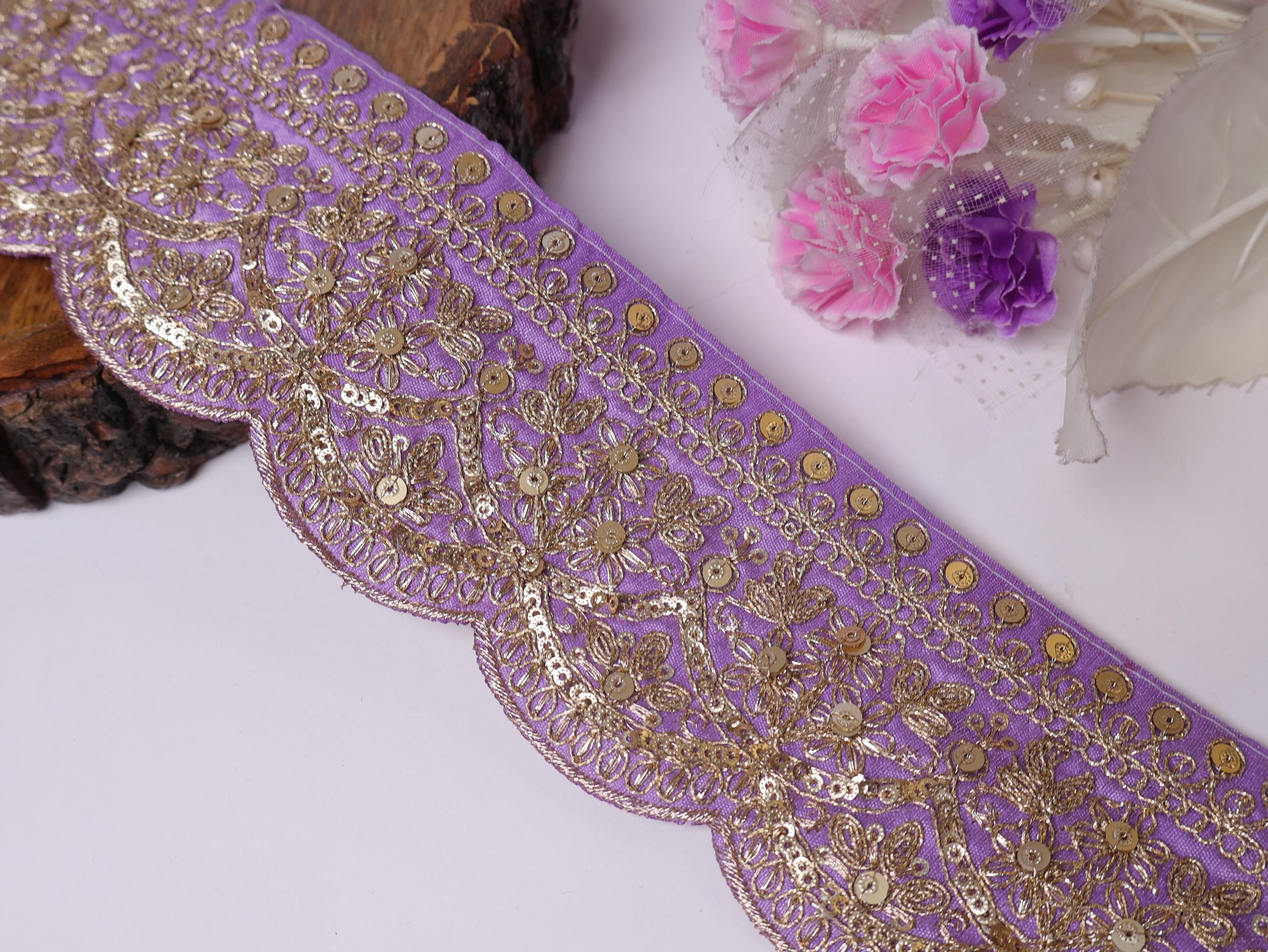 Purple & Gold Zari Embroidered Sari Lace - 9 Yards, 7cm Wide