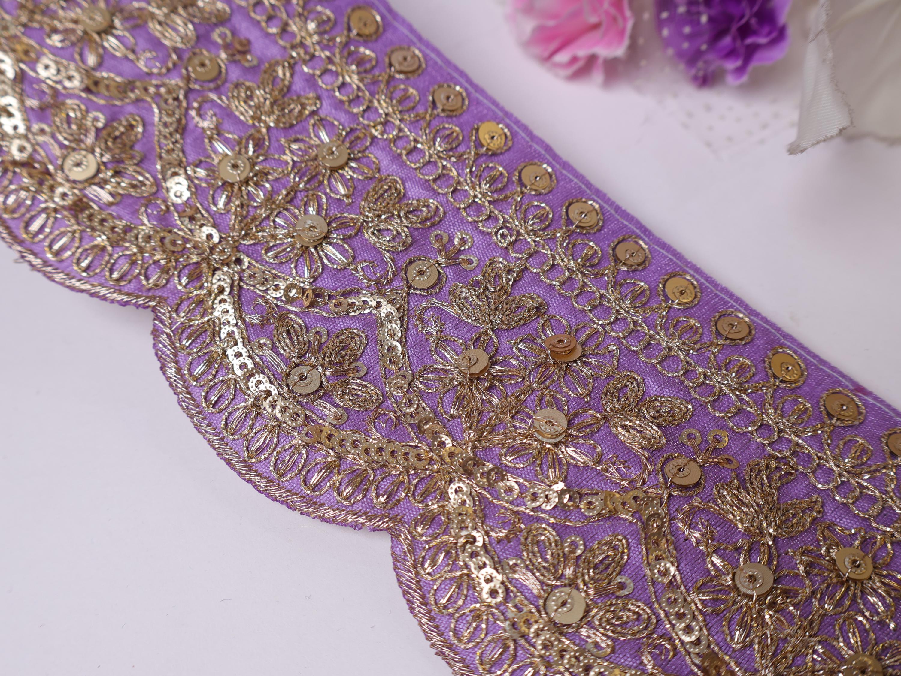 Purple & Gold Zari Embroidered Sari Lace - 9 Yards, 7cm Wide