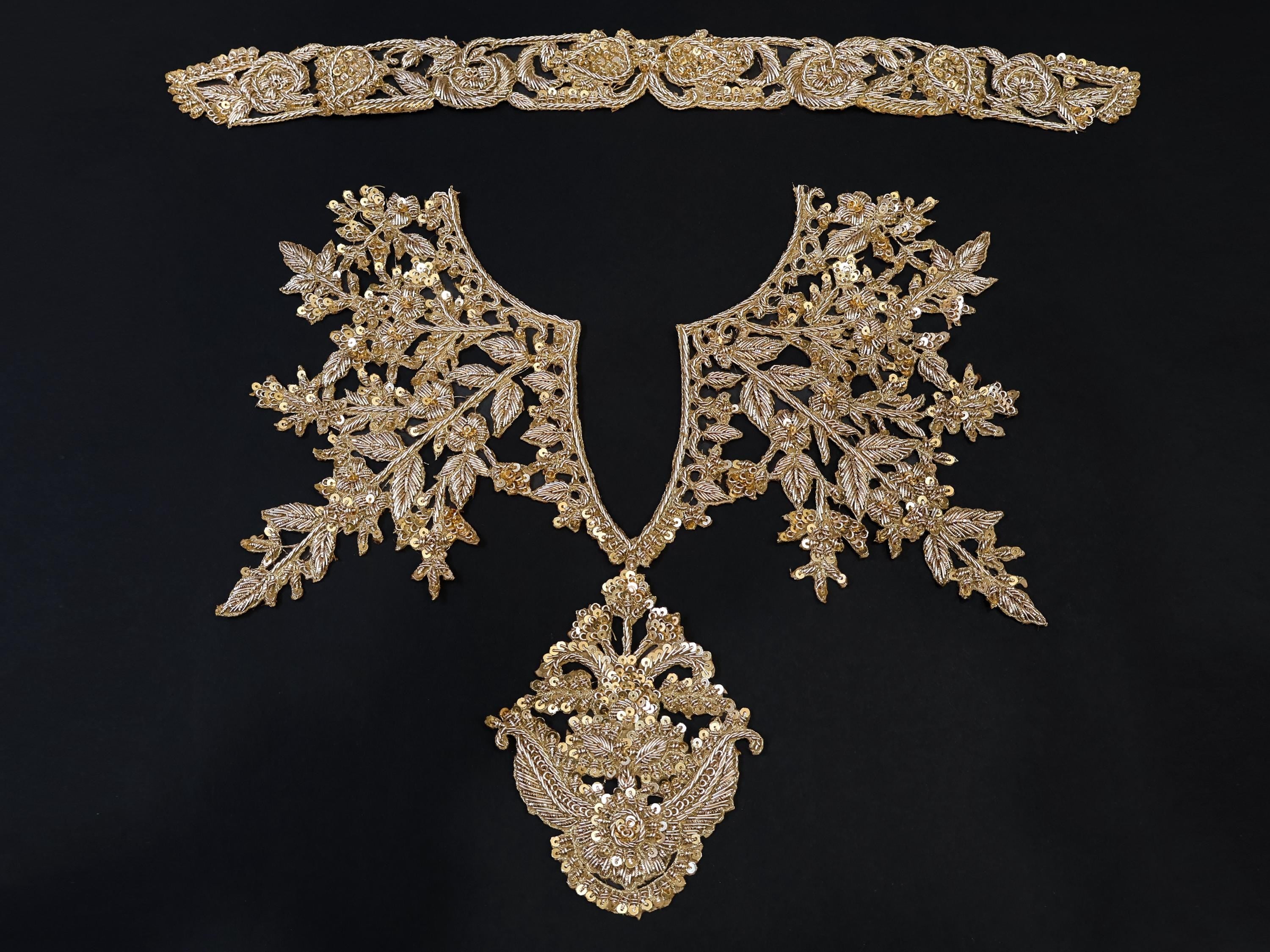 Embroidered Gold Neckline Collar Patch: Indian Zardozi Applique