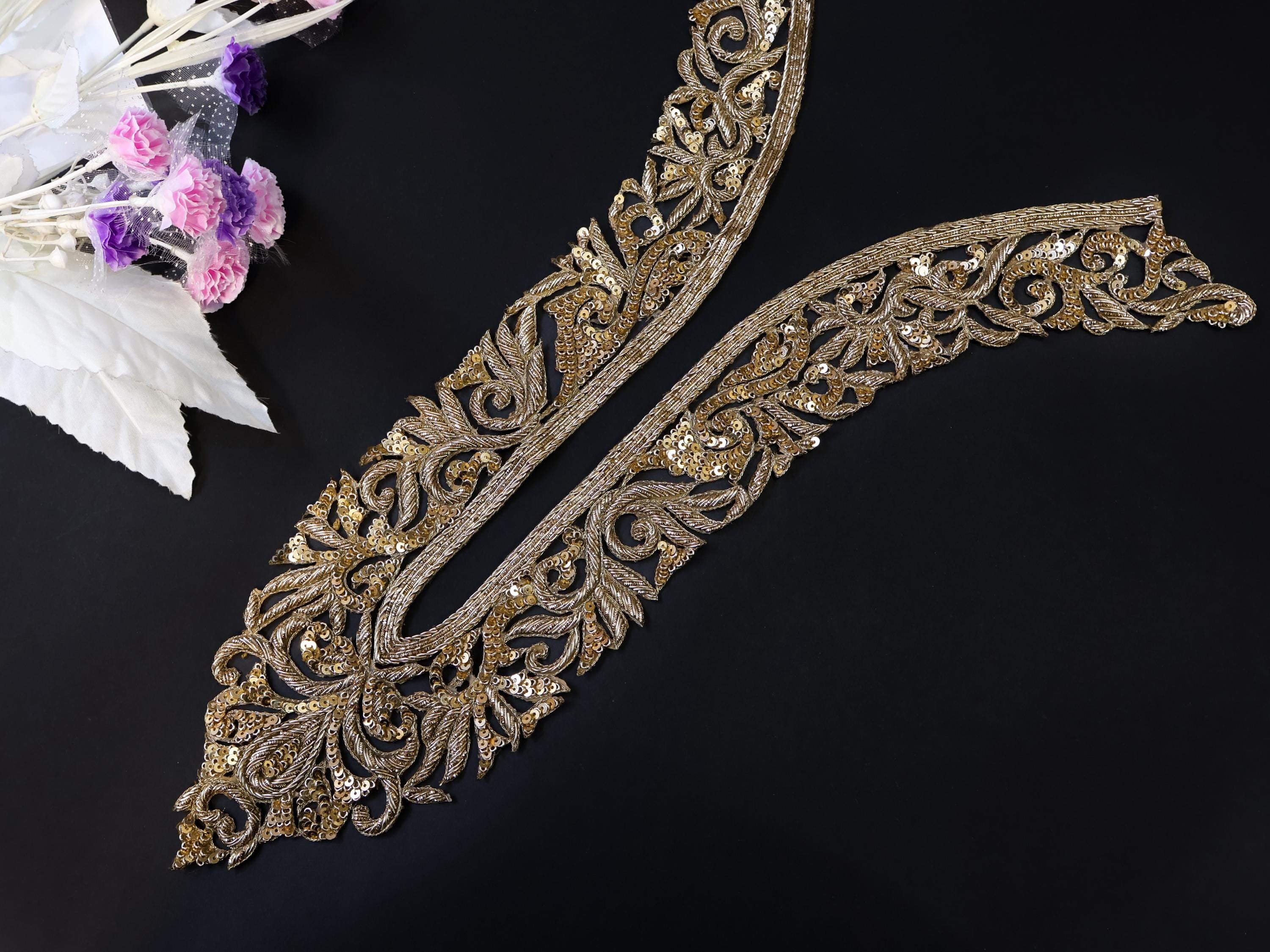 Embroidered Gold Zardozi Neckline Patch with Sleeves: Indian Applique Set