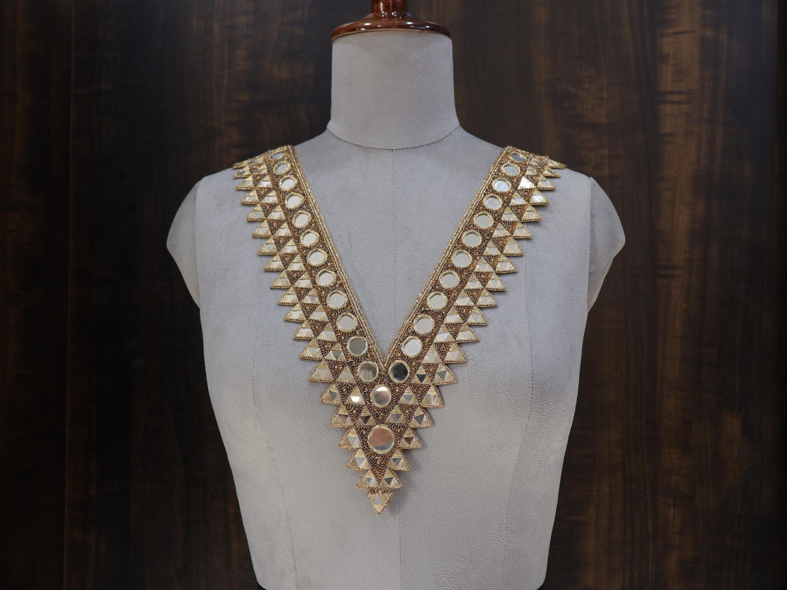 Mirror & Sequin V-Neckline Patch: Handcrafted Indian Embellishment
