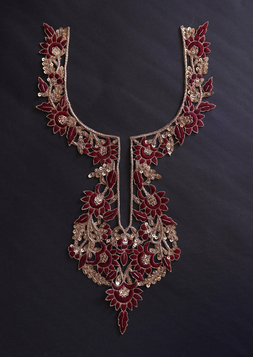 Zardozi Embroidered Neckline Patch with Sleeves: Maroon & Golden Threadwork