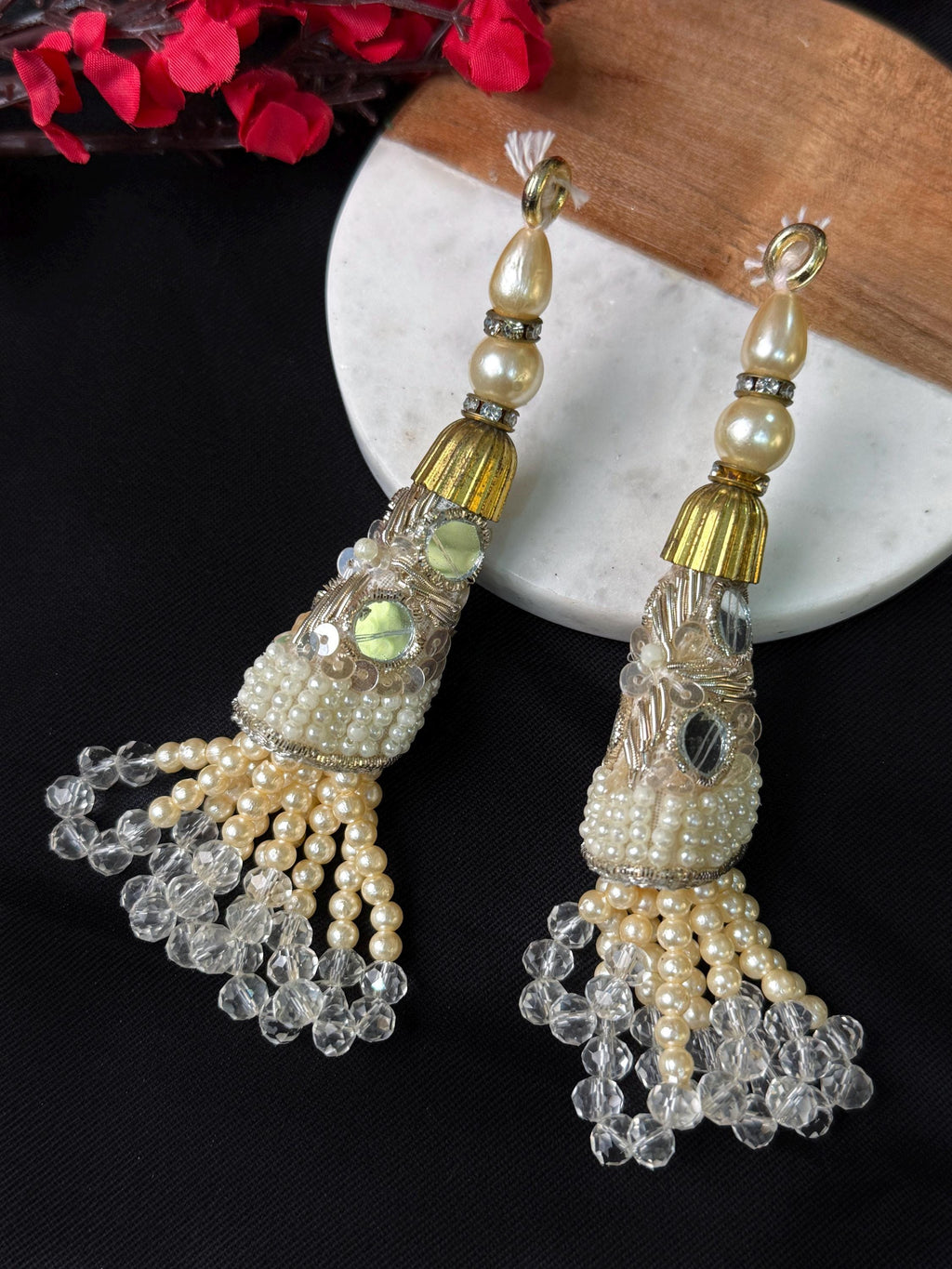 Pearl & Crystal Indian Tassels: Embroidered Lehenga Latkans (Pair)