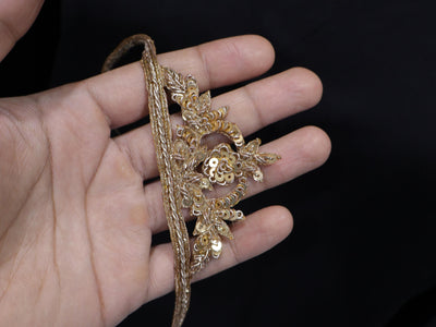 Zardozi Bullion Embroidered Neckline Patch with Sleeves: Bronze Gold Leaf Applique