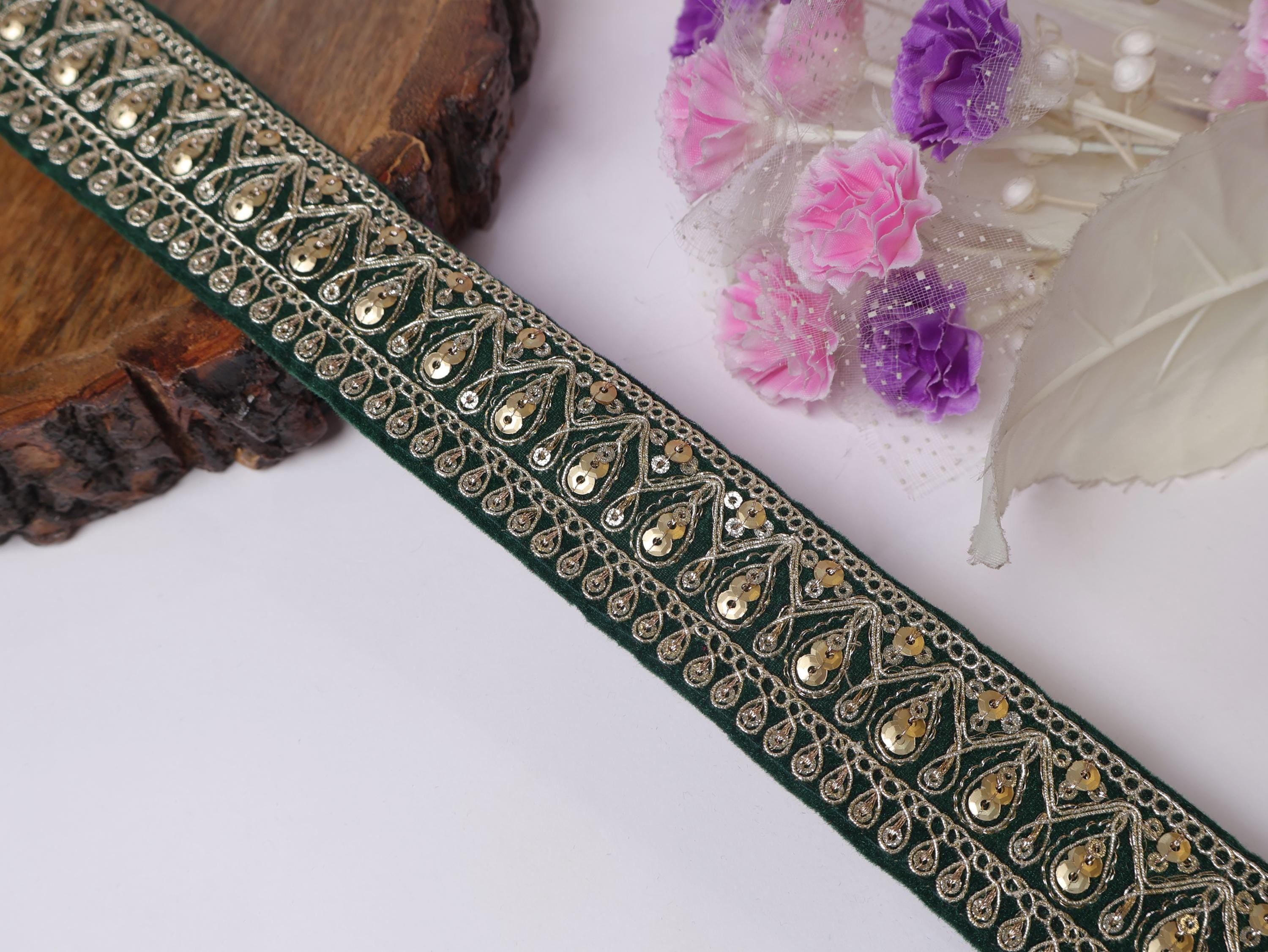 Green Velvet & Gold Sequin Embroidered Trim: Wedding Dress Lace (9 Yards)