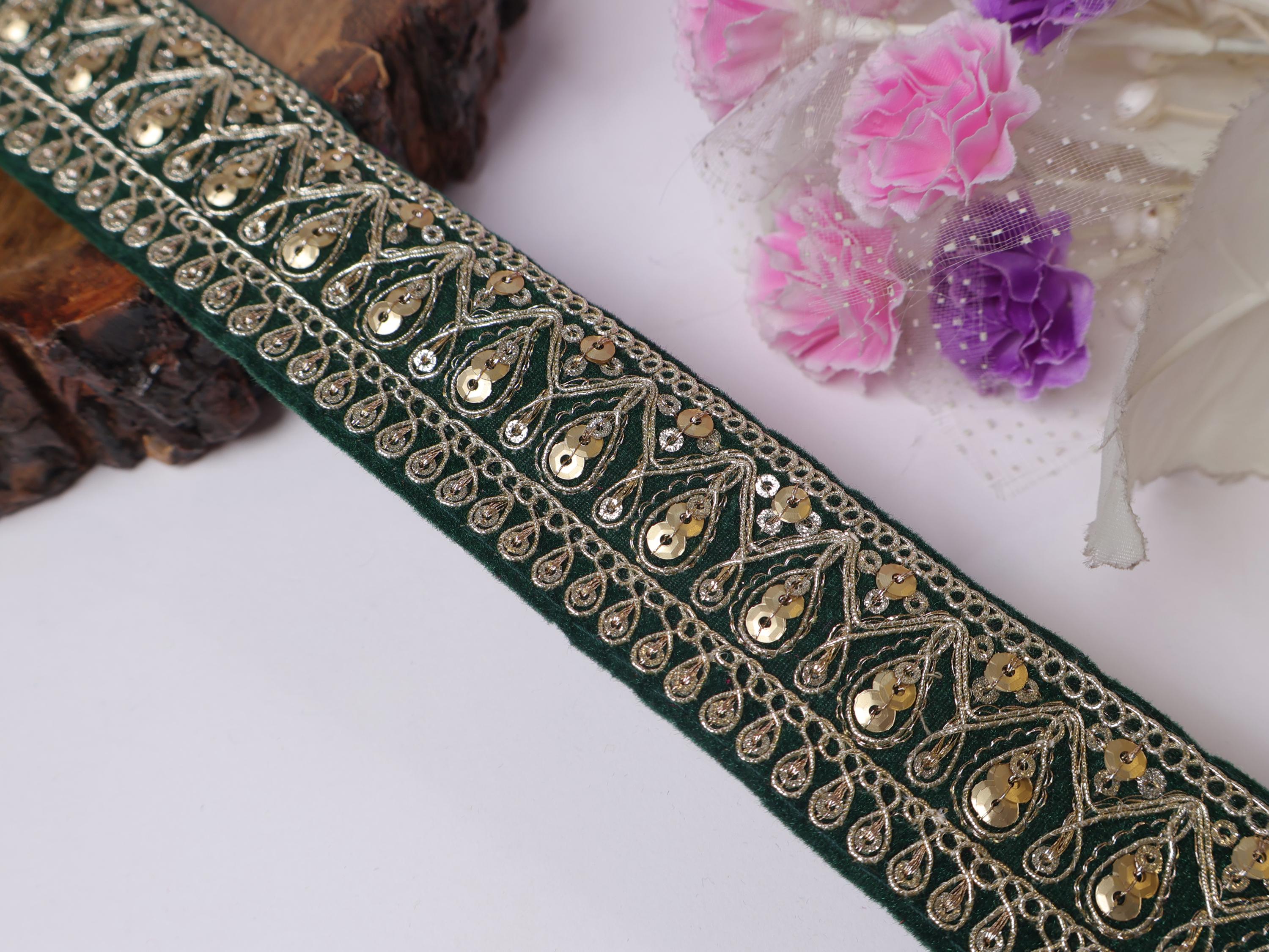 Green Velvet & Gold Sequin Embroidered Trim: Wedding Dress Lace (9 Yards)