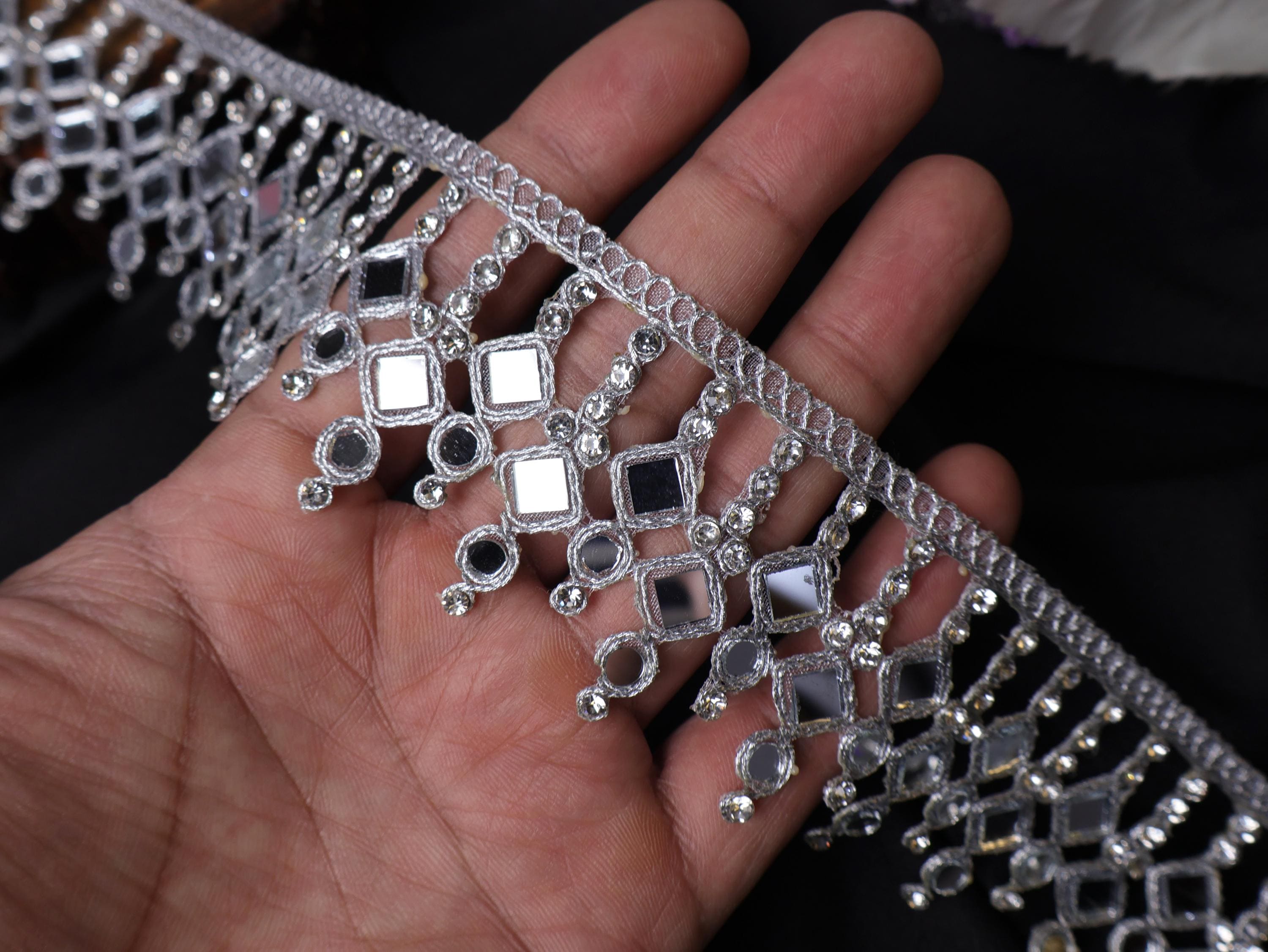 Silver Mirror Zircon Trim: Decorative Lace Embellishment, 5cm Wide