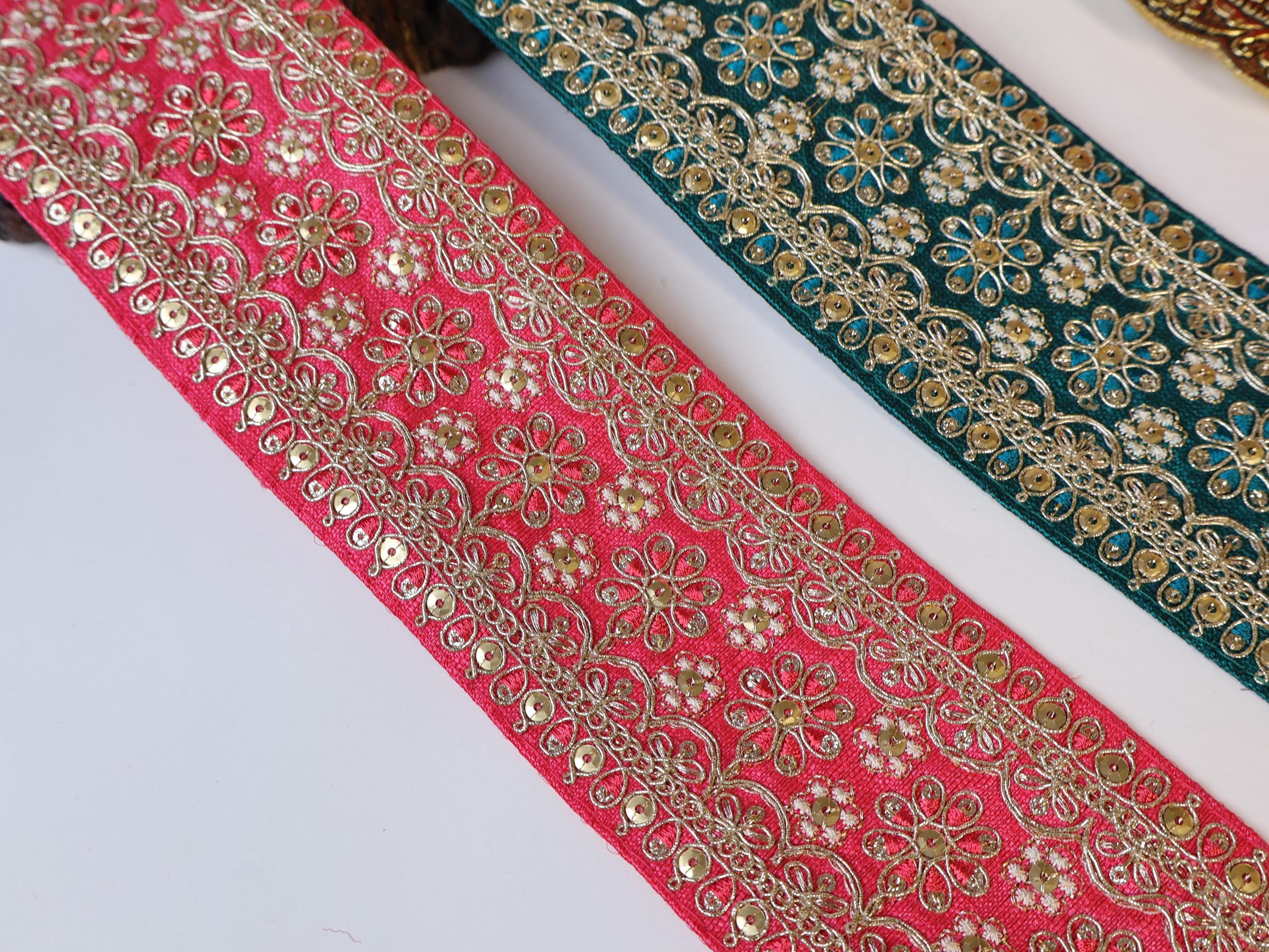 Sequin Zari Lace: Gajri Pink & Green Indian Sari Border, Lehenga Dress Trim (9 Yards)