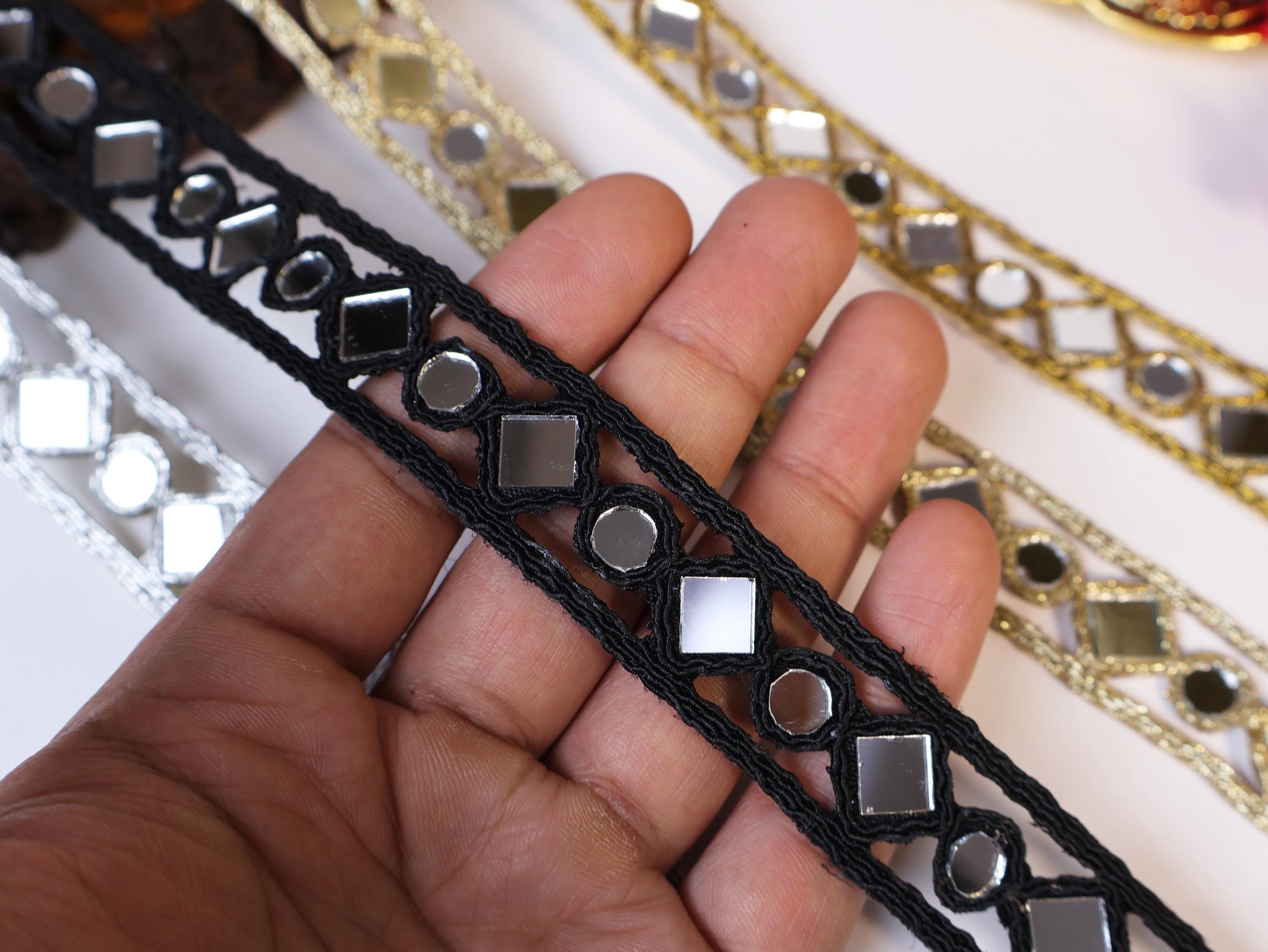 Geometric Mirror Trim Lace: Zari Embroidered Sari Border, 3 Yards