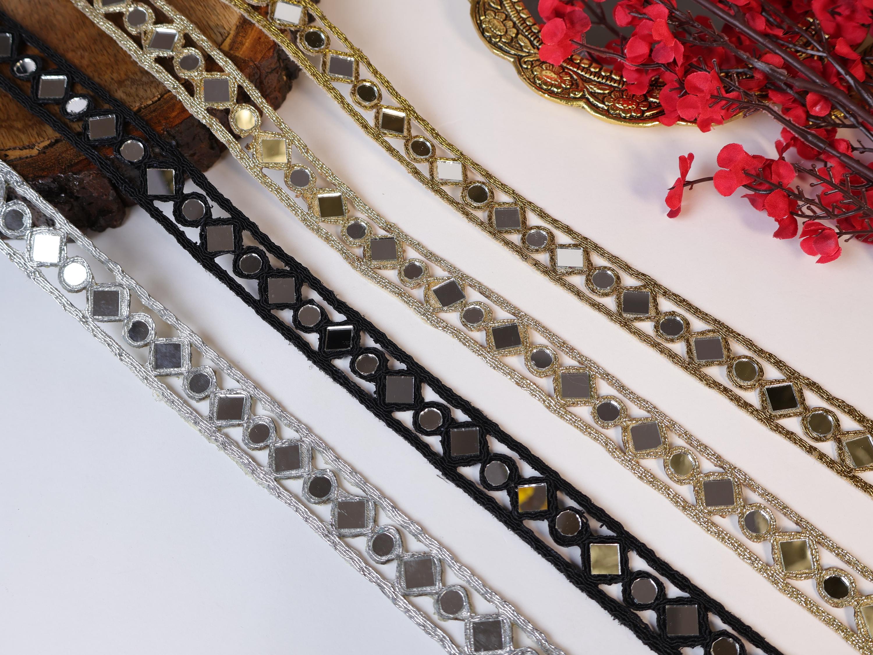 Geometric Mirror Trim Lace: Zari Embroidered Sari Border, 3 Yards