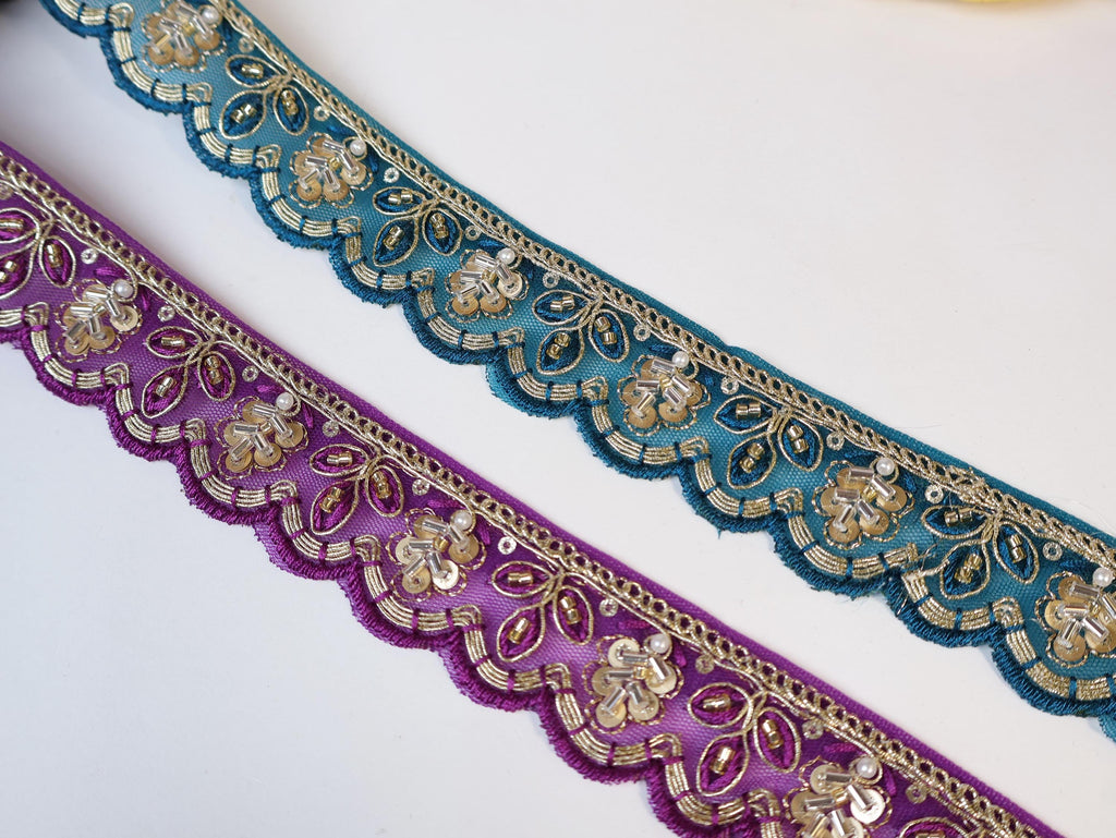 Purple & Peacock Green Beaded Scalloped Trim: Gold Sequin Zari Embroidery (9 Yards)