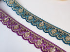 Purple & Peacock Green Beaded Scalloped Trim: Gold Sequin Zari Embroidery (9 Yards)