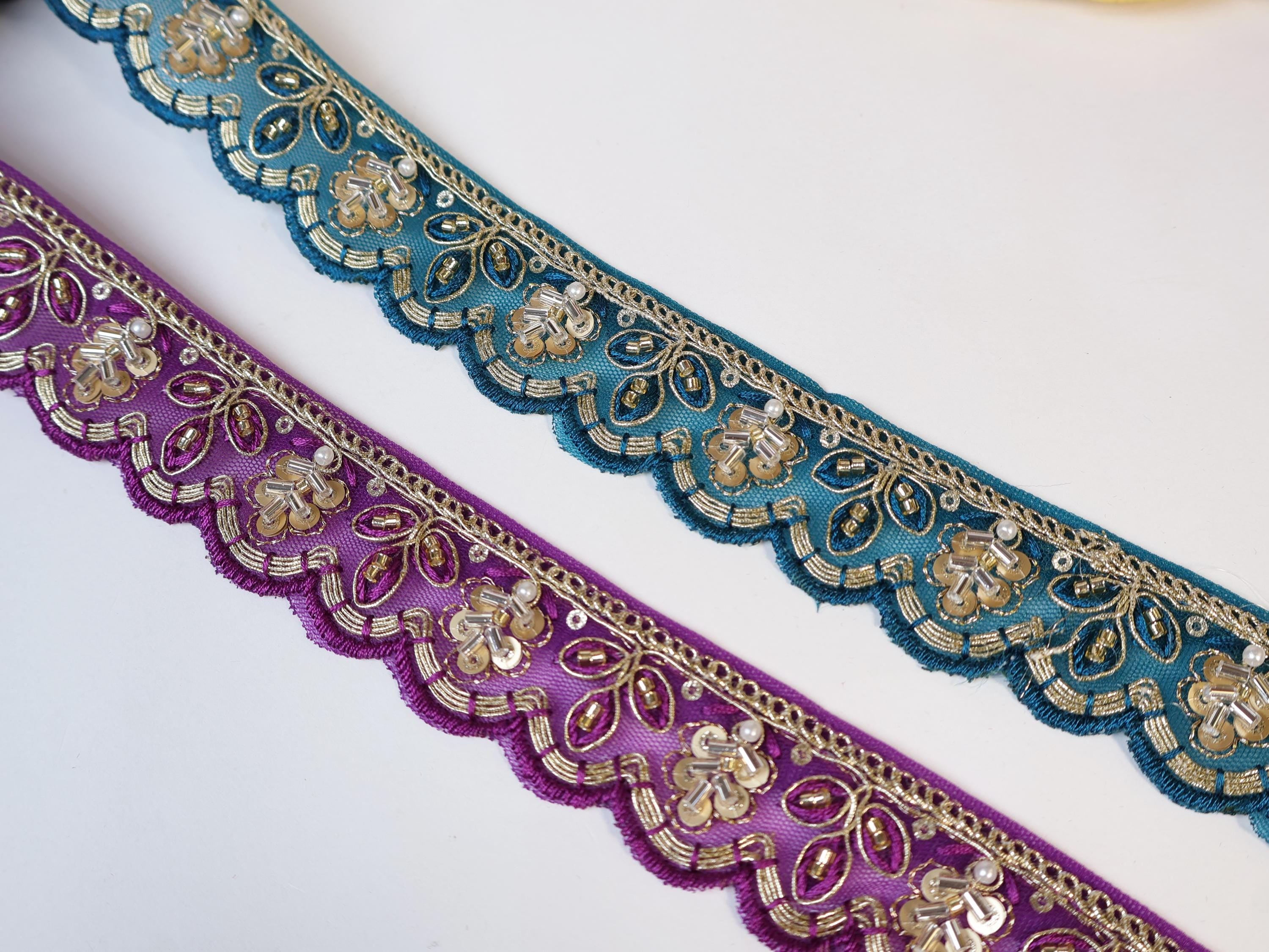 Purple & Peacock Green Beaded Scalloped Trim: Gold Sequin Zari Embroidery (9 Yards)