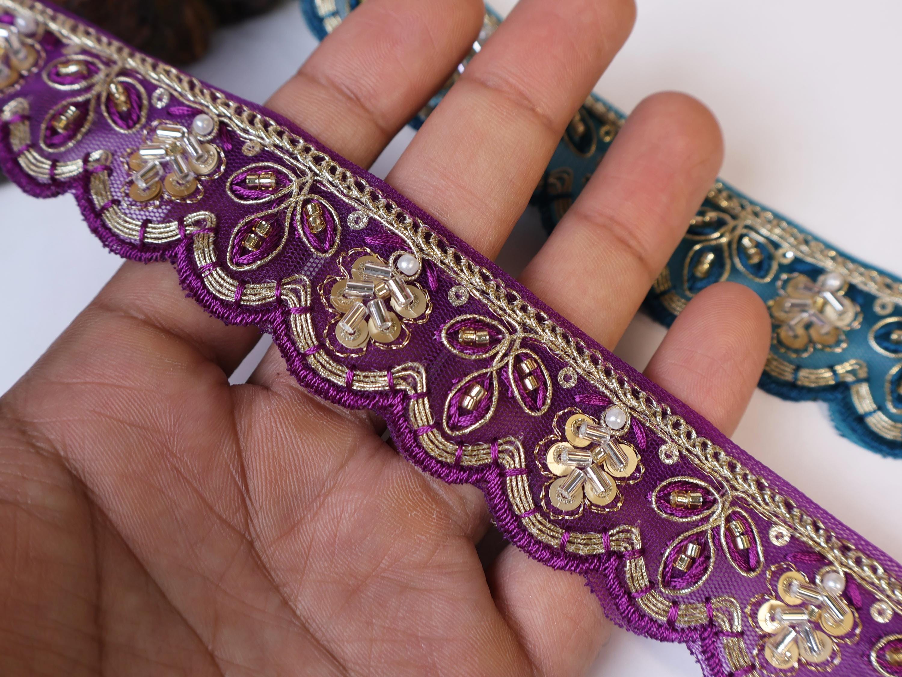 Purple & Peacock Green Beaded Scalloped Trim: Gold Sequin Zari Embroidery (9 Yards)