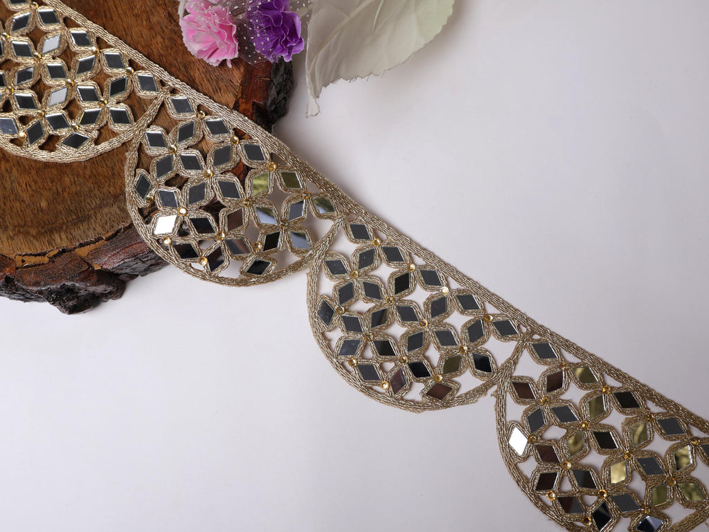Rose Gold Mirror Trim: Scalloped Cutwork Indian Lace, 1 Yard