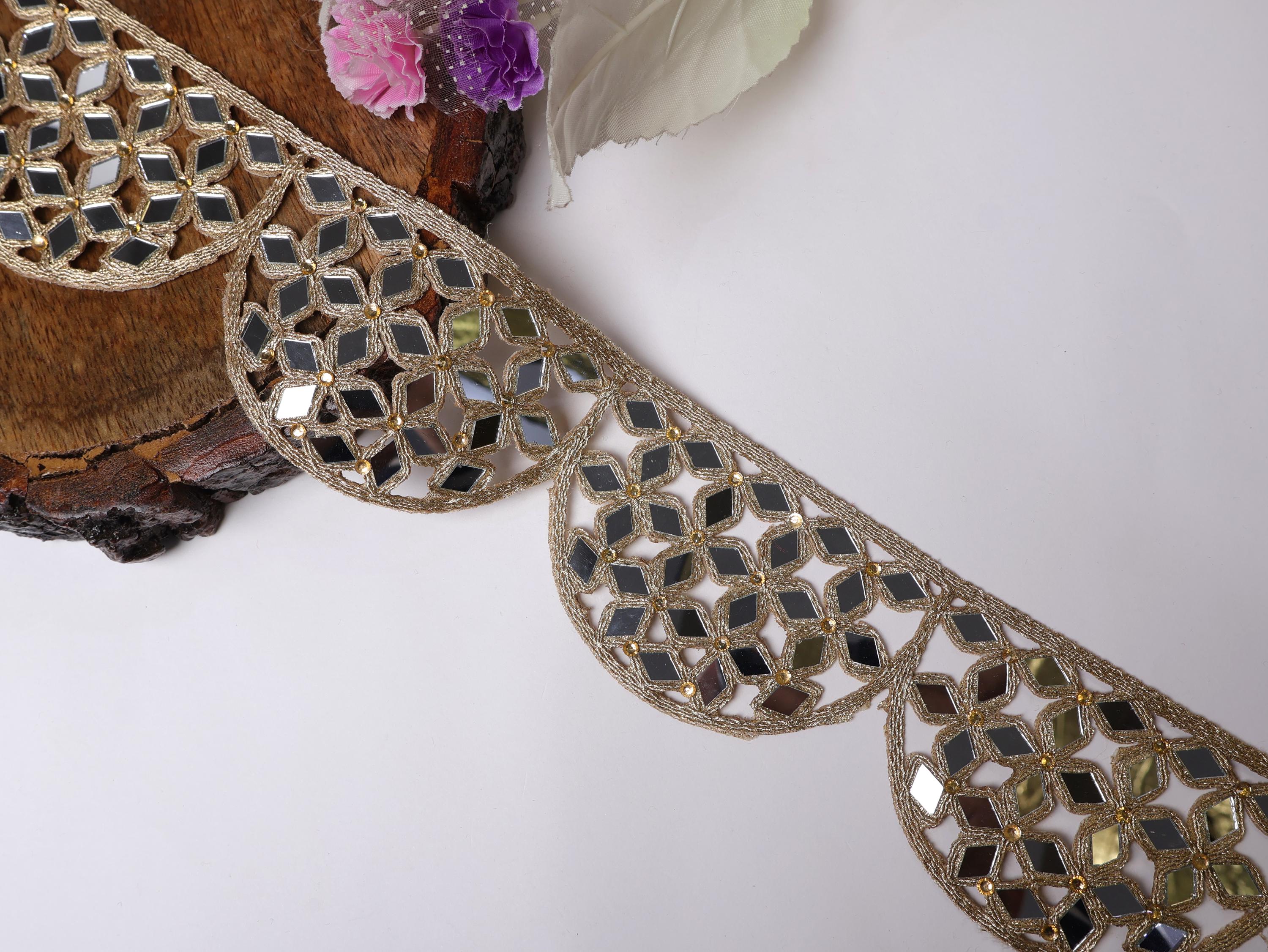Rose Gold Mirror Trim: Scalloped Cutwork Indian Lace, 1 Yard
