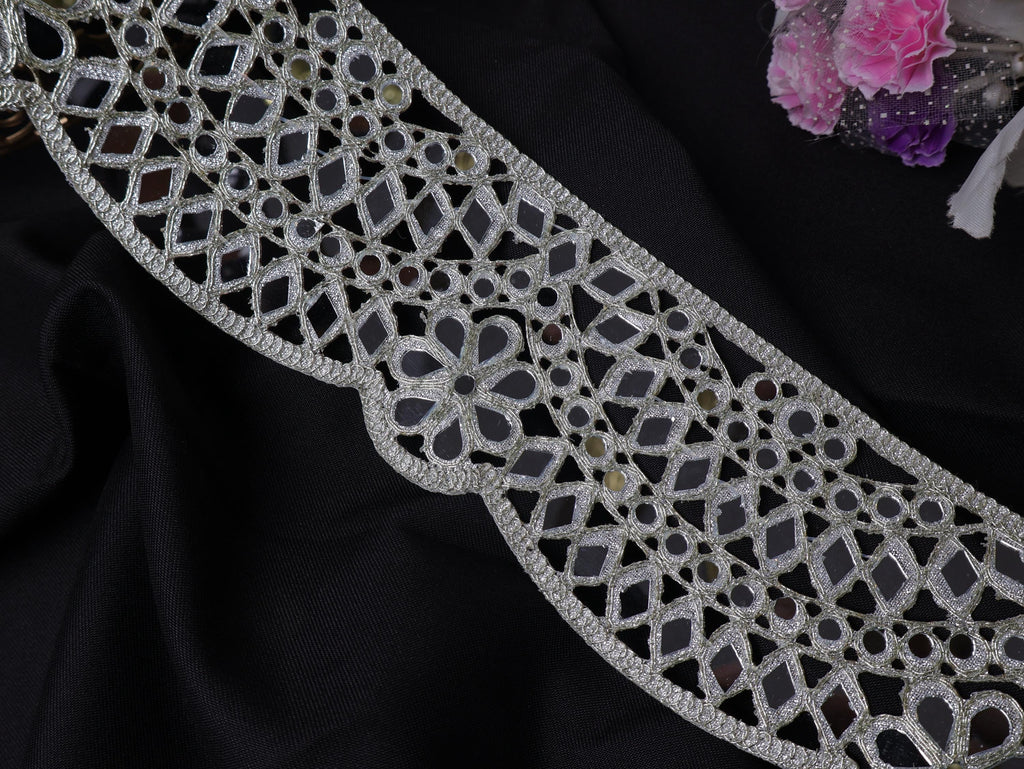Metallic Silver Mirror Trim: Scalloped Indian Lace Border, 8cm Wide