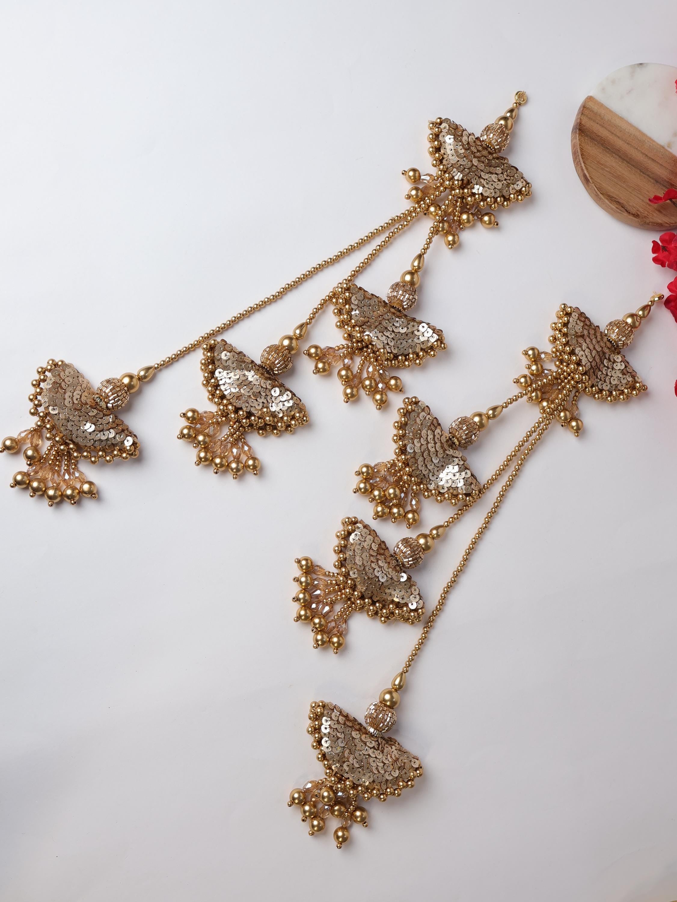 Antique Gold Beaded Tassels: Pearl & Crystal Lehenga Hangings (1 Pair)