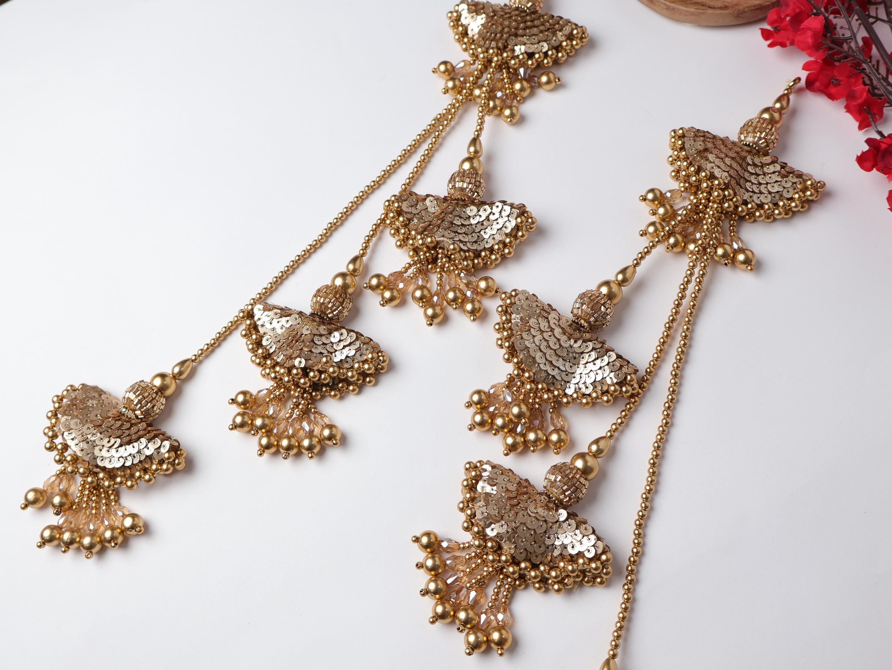 Antique Gold Beaded Tassels: Pearl & Crystal Lehenga Hangings (1 Pair)
