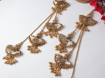Antique Gold Beaded Tassels: Pearl & Crystal Lehenga Hangings (1 Pair)