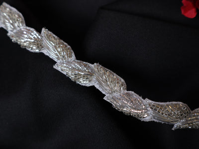 Silver Zardozi Embroidered Vine Lace Trim: Indian Sari Embellishment (1.8 cm Wide)