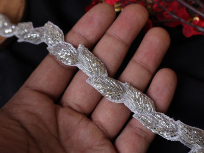 Silver Zardozi Embroidered Vine Lace Trim: Indian Sari Embellishment (1.8 cm Wide)
