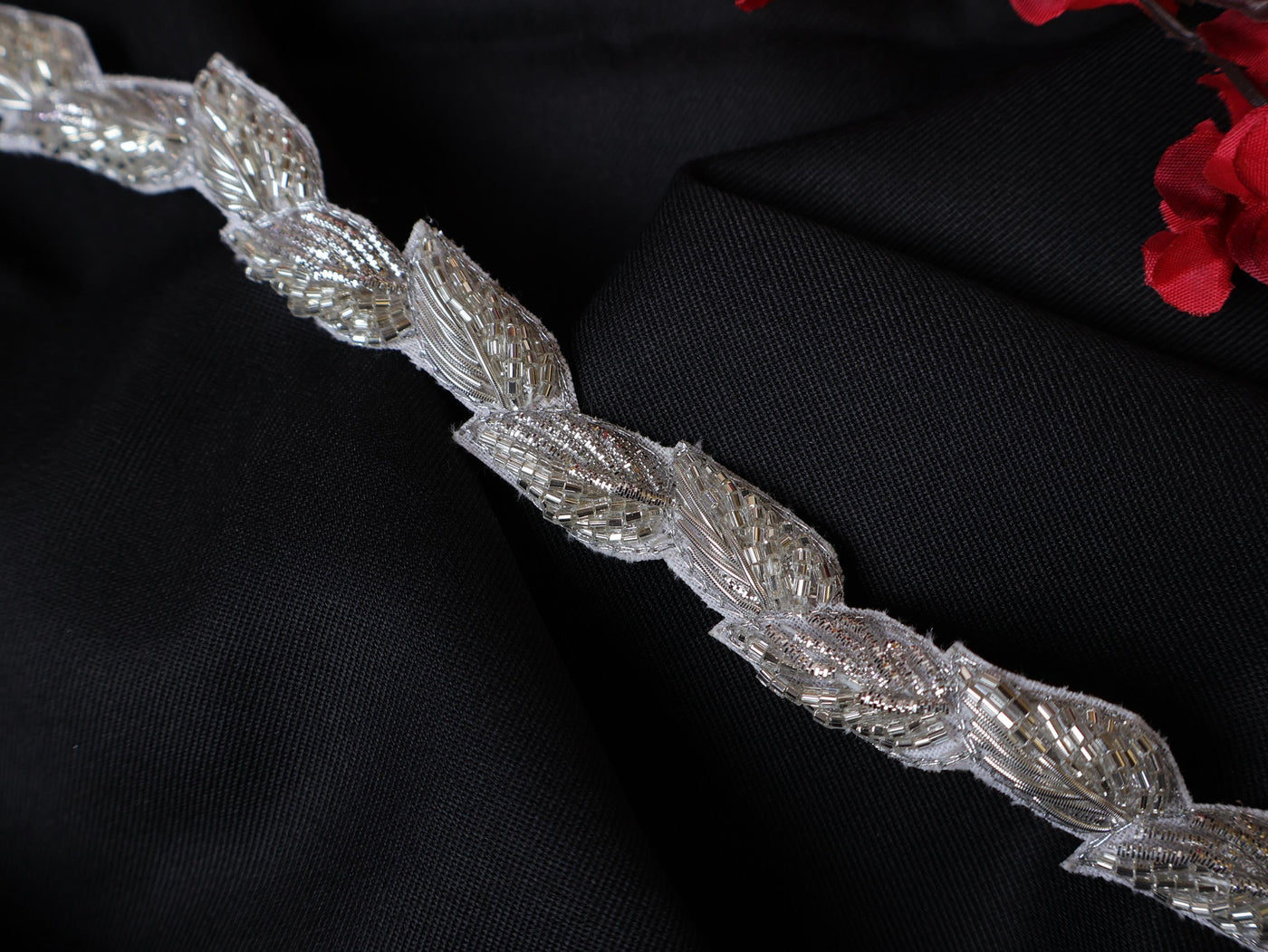Silver Zardozi Embroidered Vine Lace Trim: Indian Sari Embellishment (1.8 cm Wide)