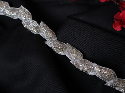 Silver Zardozi Embroidered Vine Lace Trim: Indian Sari Embellishment (1.8 cm Wide)