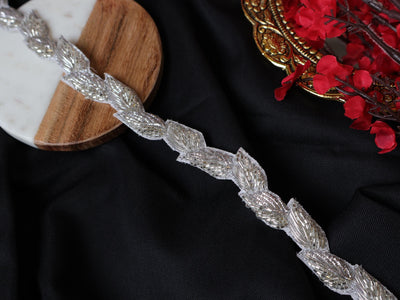Silver Zardozi Embroidered Vine Lace Trim: Indian Sari Embellishment (1.8 cm Wide)