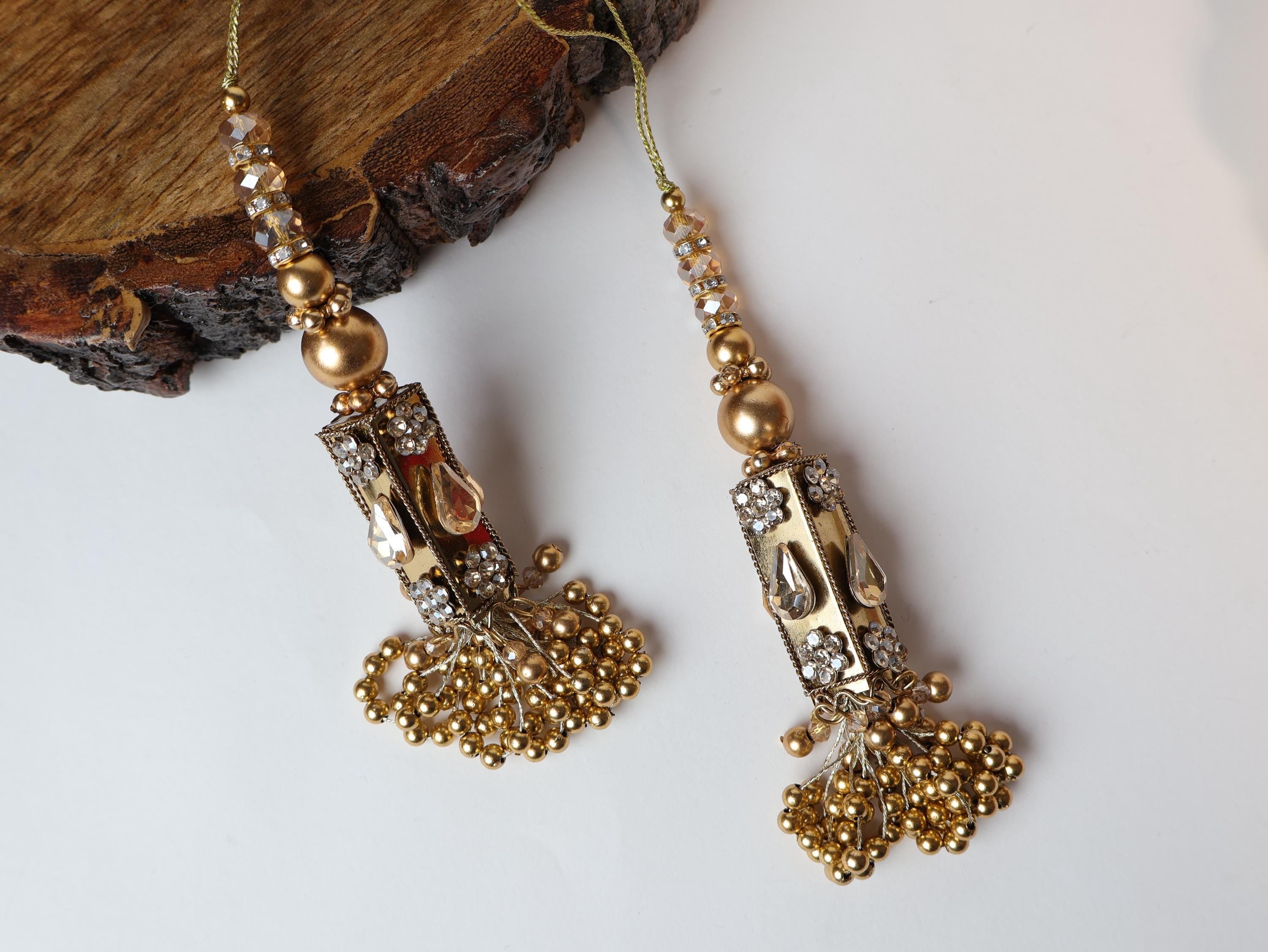 Bronze Gold Metallic Indian Beaded Tassel Latkans, 1 Pair 12cm