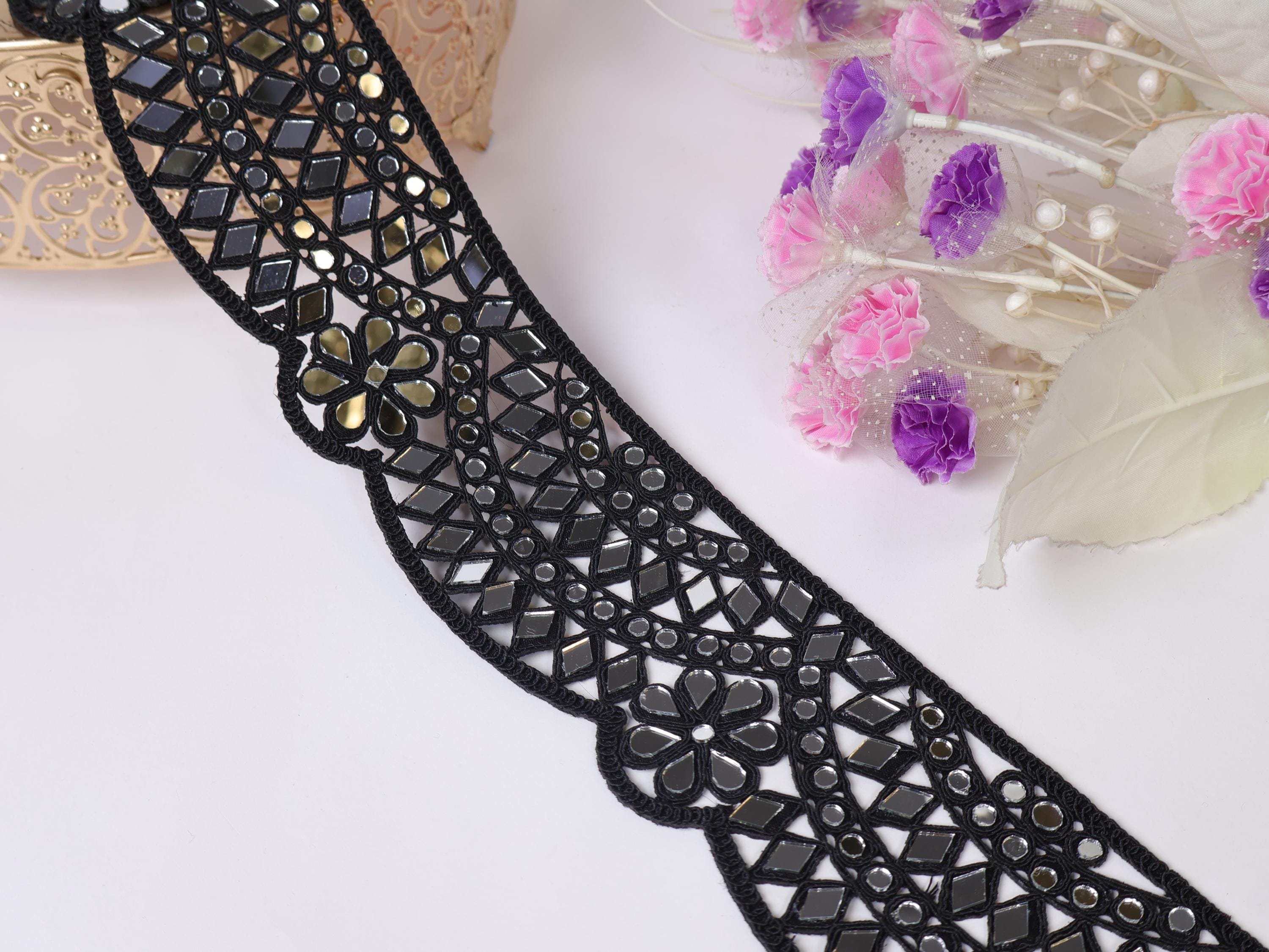 Black Scalloped Mirror Trim: Indian Lace Border, 8cm Wide - 2 Black Scalloped Mirror Trim: Indian Lace Border, 8cm Wide - 2