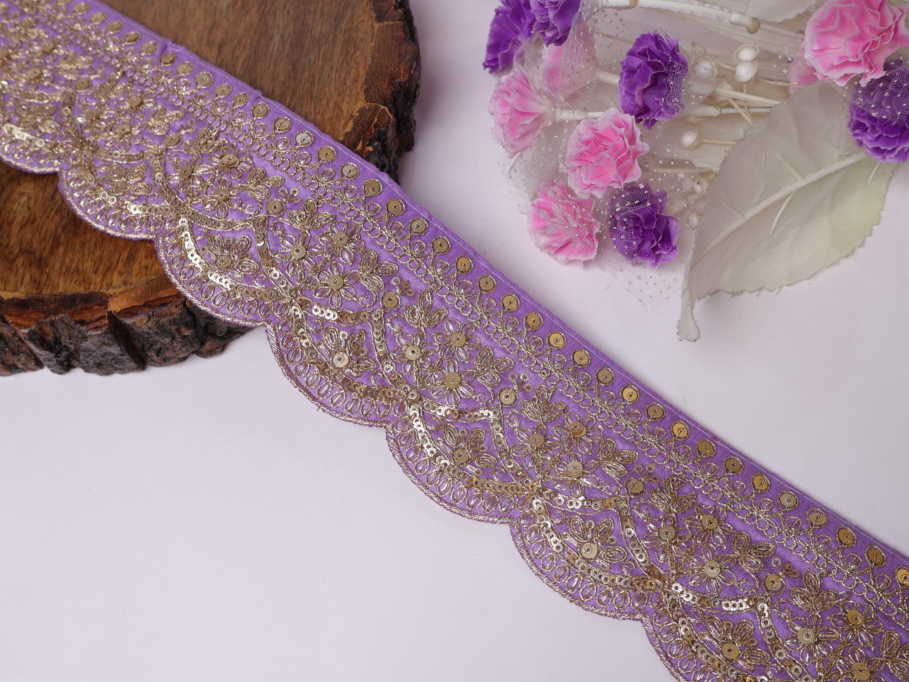 Purple & Gold Zari Embroidered Sari Lace - 9 Yards, 7cm Wide