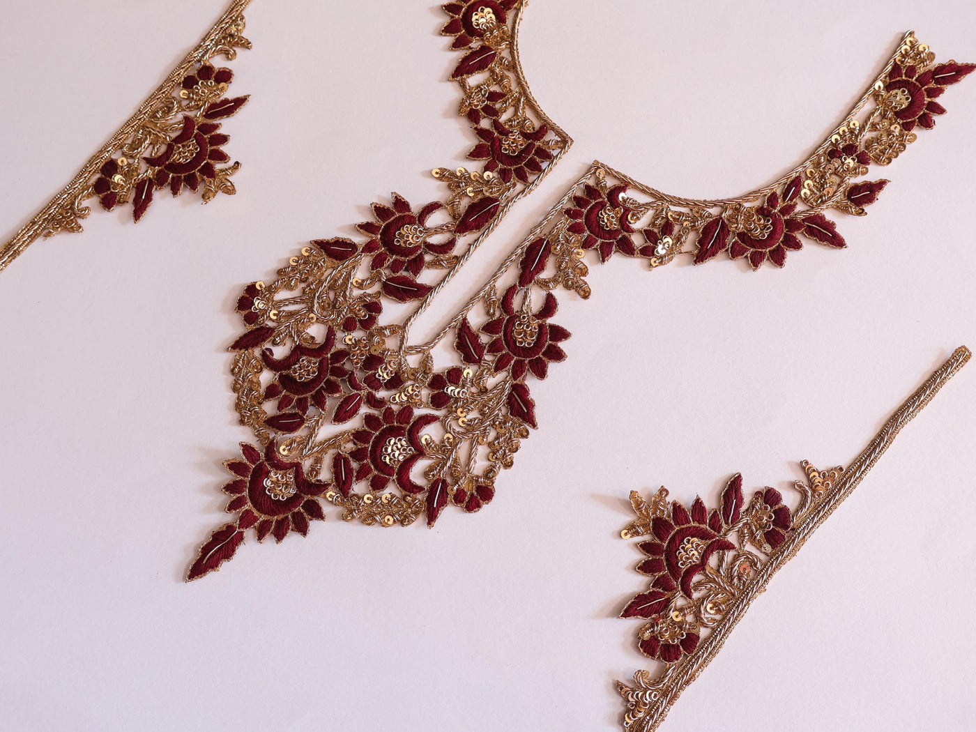 Zardozi Embroidered Neckline Patch with Sleeves: Maroon & Golden Threadwork
