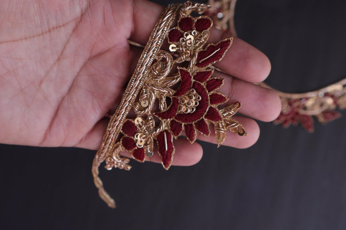 Zardozi Embroidered Neckline Patch with Sleeves: Maroon & Golden Threadwork