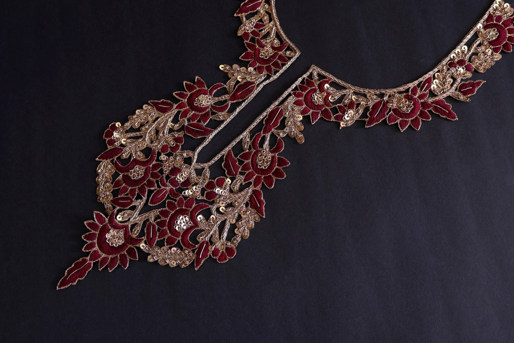 Zardozi Embroidered Neckline Patch with Sleeves: Maroon & Golden Threadwork
