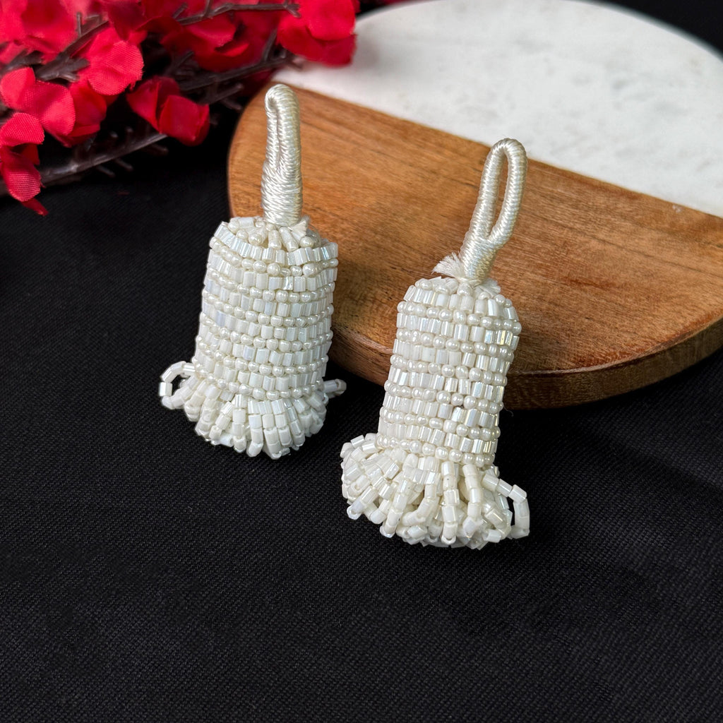 Rose Gold & White Beaded Tassel Latkan: Indian Bridal Sari Embellishment (Pair)